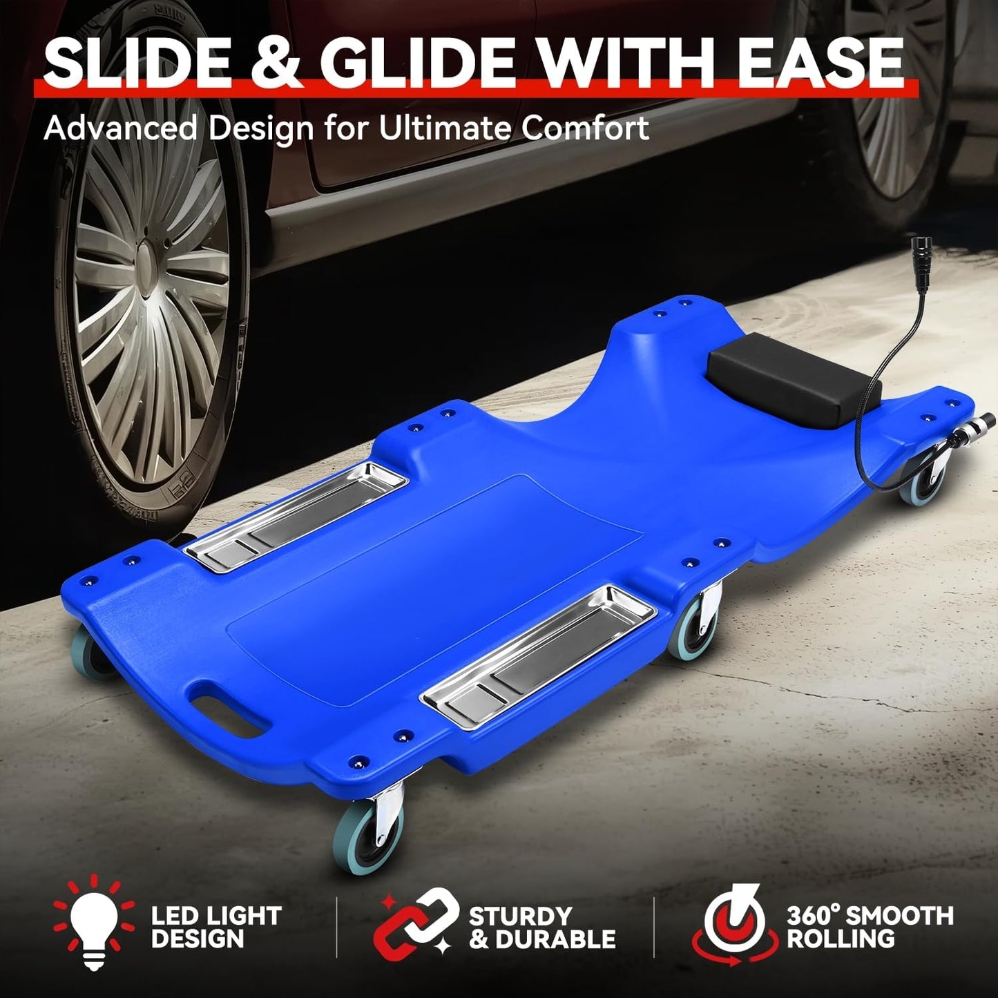 Auto Dynasty 40 Inches Mechanic Creeper, Automotive Garage Repair Low Profile Under Car Rolling Creeper with LED Light and Padded Headrest, Plastic, Blue