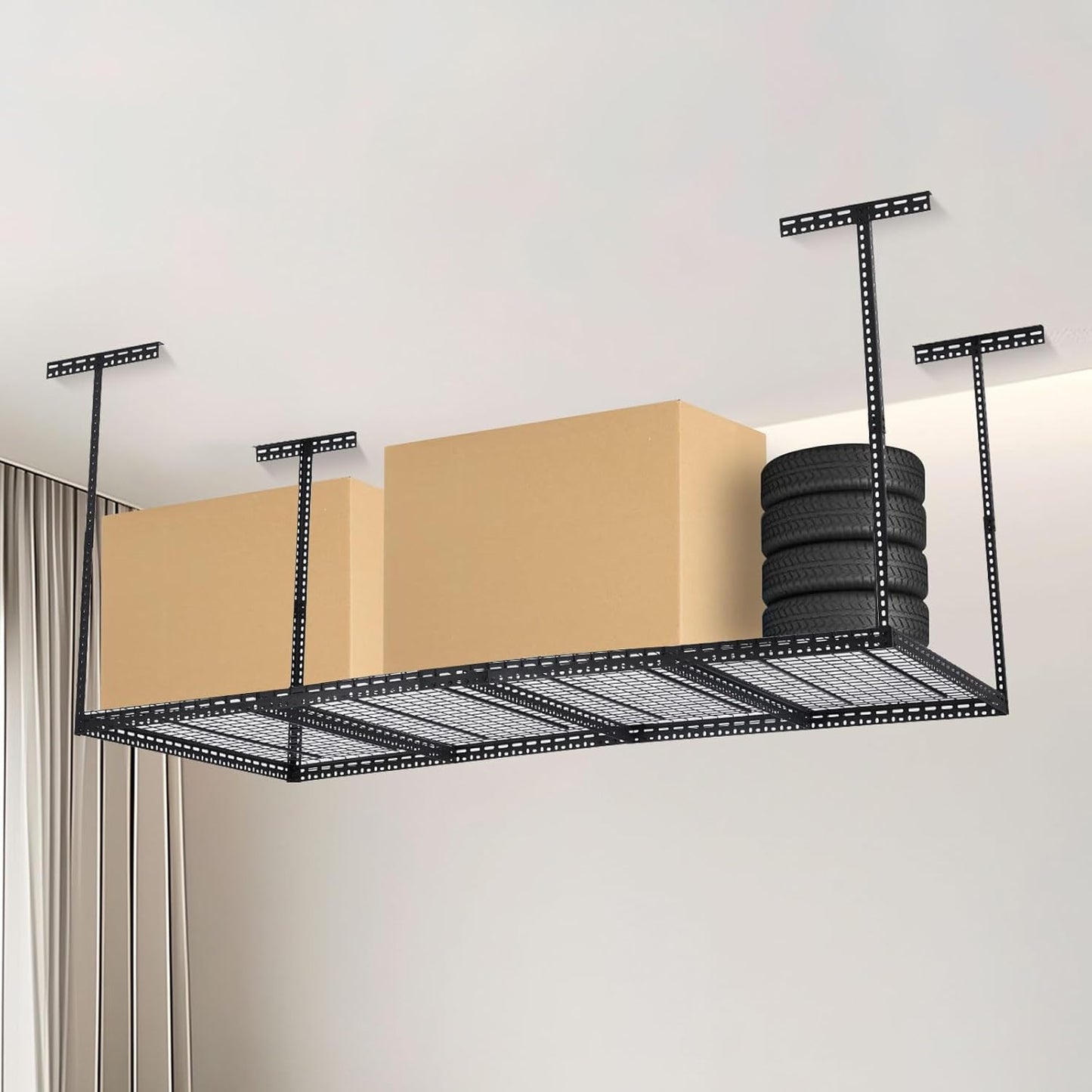 Overhead Garage Storage Rack 4x6 FT, Steel Ceiling Shelves 330lb Capacity, Height Adjustable 22-40 Inches, Space-Saving for Attic Basement Shed (Black, 4 Posts)