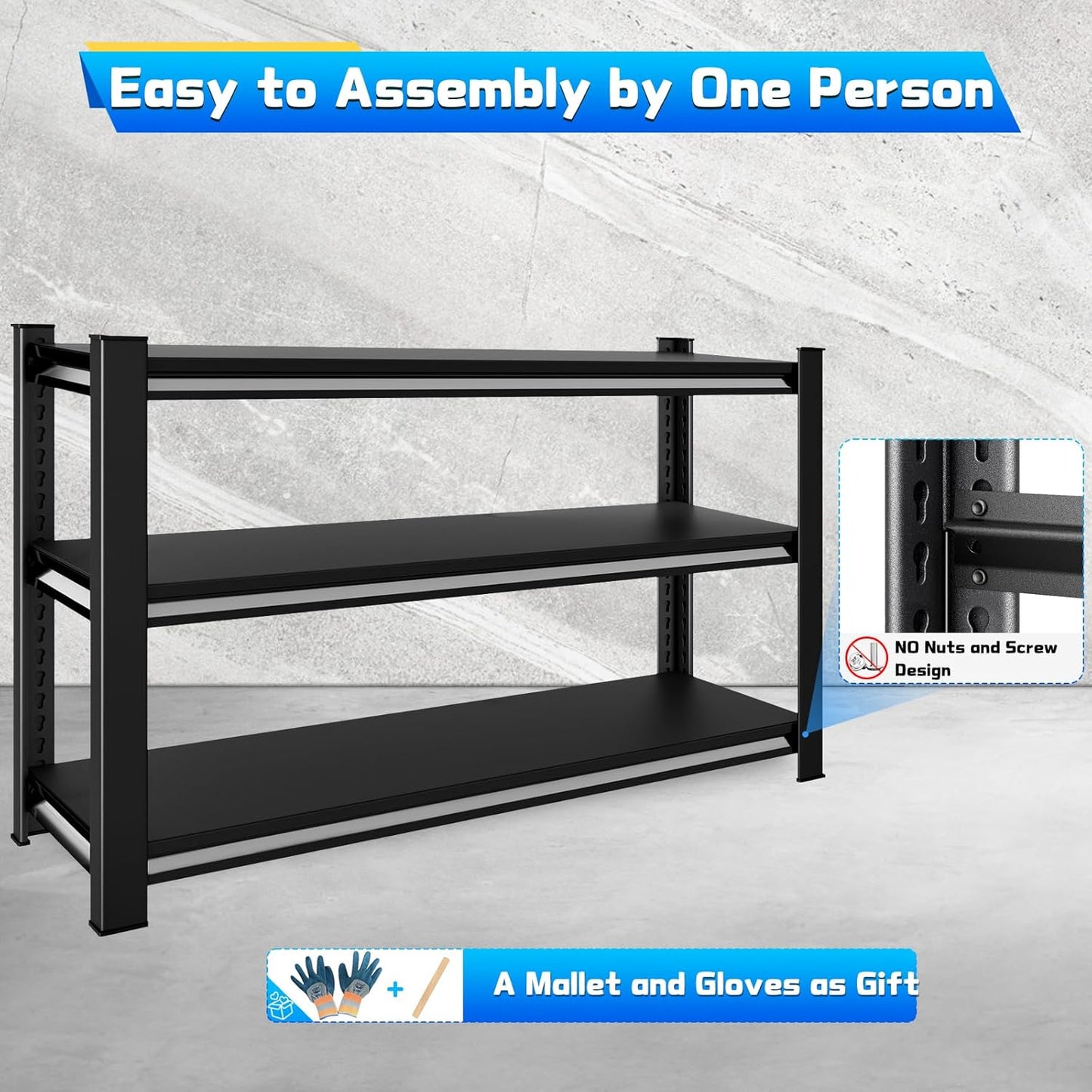 3-Tier Garage Shelving Heavy Duty，48" W Metal Shelving Unit for Garage, 1650 lbs Load Capacity Utility Rack Shelves＆ Garage Shelves, 48”W x 18”D x 39”H(Black)