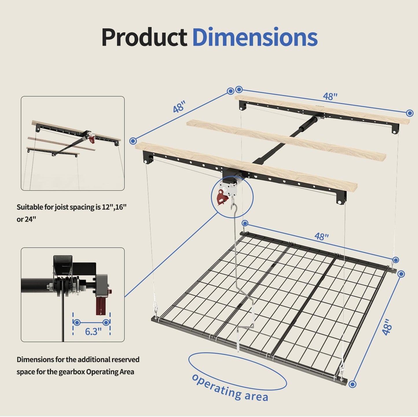 Overhead Garage Storage Rack, Heavy-duty 4x4 Ft Ceiling Storage Racks with Safety Lock, Ideal for Garage Storage Mounted Lift System and Storage Organizer, 250lbs Capacity