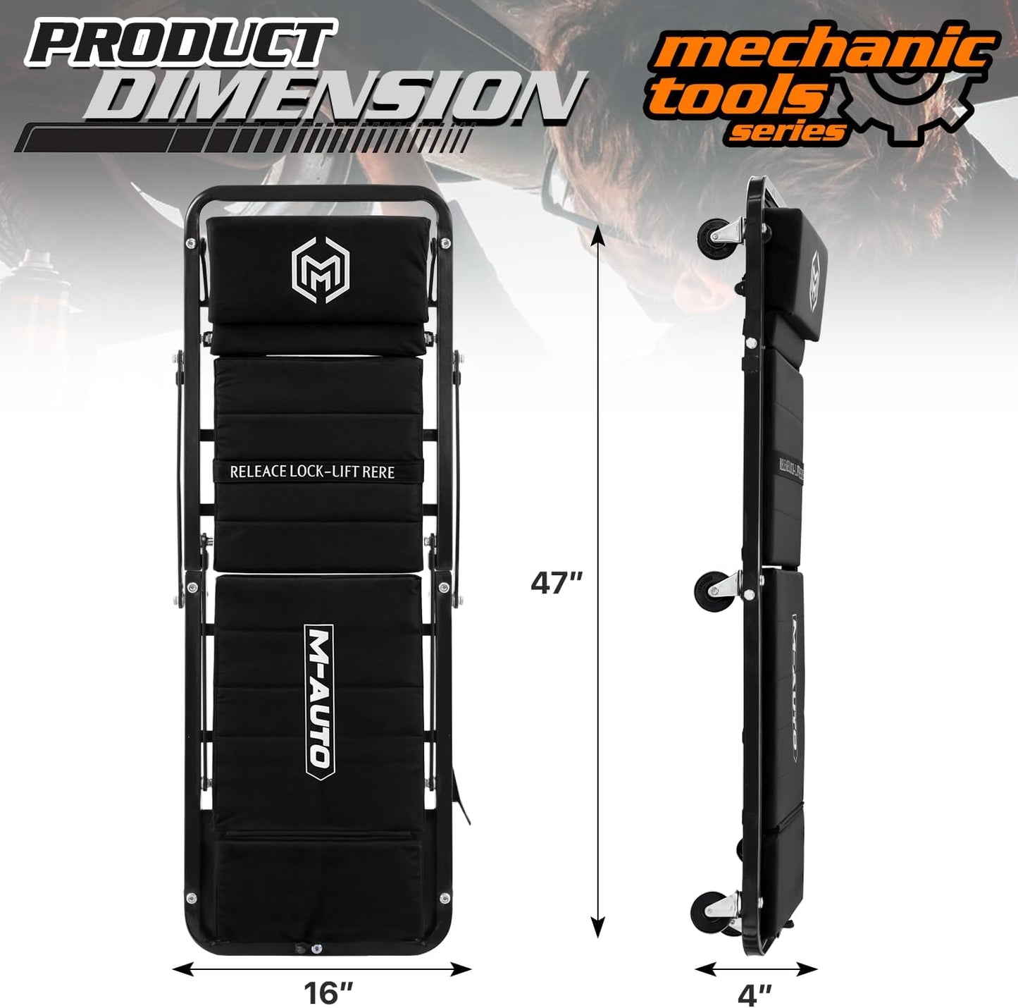 M-AUTO Heavy-Duty Convertible Mechanic Creeper, Z-Creeper 2-in-1 Creeper and Seat 48" Padded Adjustable Headrest Roller Garage Chair with 7 Swivel Casters for Washing, Detailing, Maintenance, Black