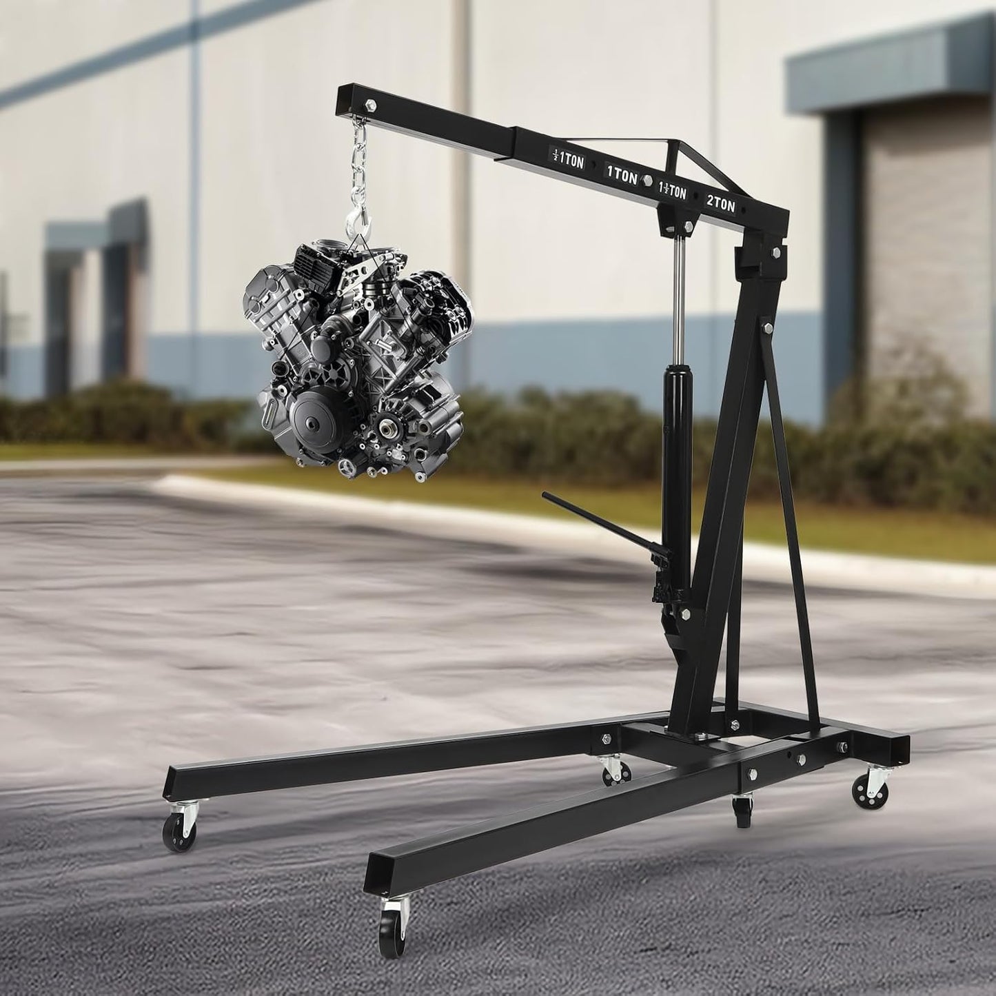 Engine Lift Crane 2 Ton (4000lbs) Engine Hoist Heavy Duty Garage Hydraulic Lift Foldable & Adjustable Height w/ 6 Universal Wheels for Car Fixing, Workshops, Ports, Warehouses, Garage