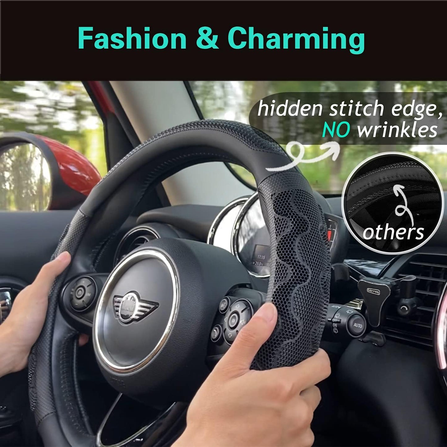 PINCTROT Steering Wheel Cover Great Grip with 3D Honeycomb Anti-Slip Design, Universal 14.5-15 Inch (All Black)