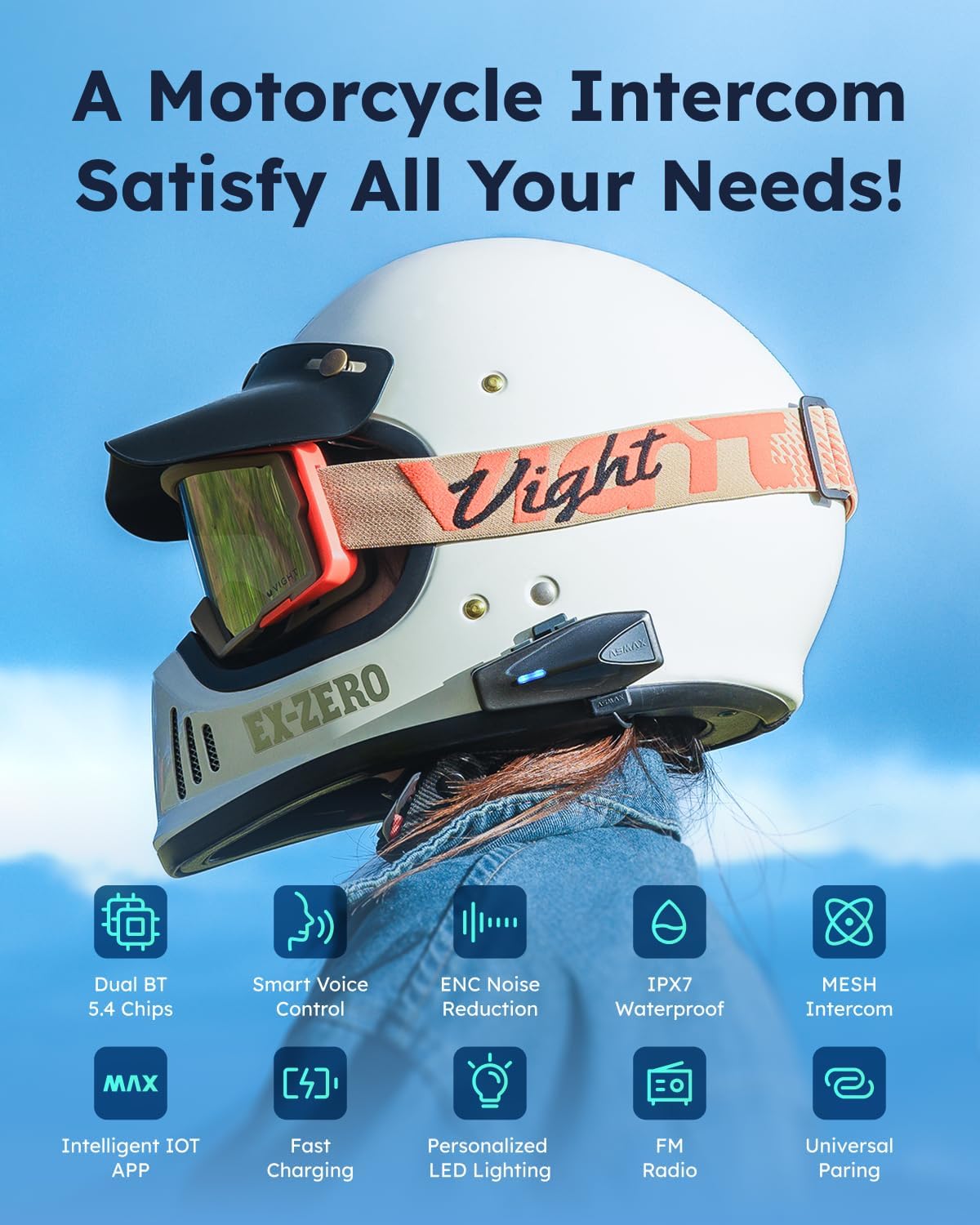 S1 Motorcycle Bluetooth Headset with 3 Intercom Modes, 8-Rider Mesh Communication, AI Voice, FM Radio, Auto Volume, Waterproof, Fast Charging for Helmet/ATV/UTV/Snowmobile(Grey)