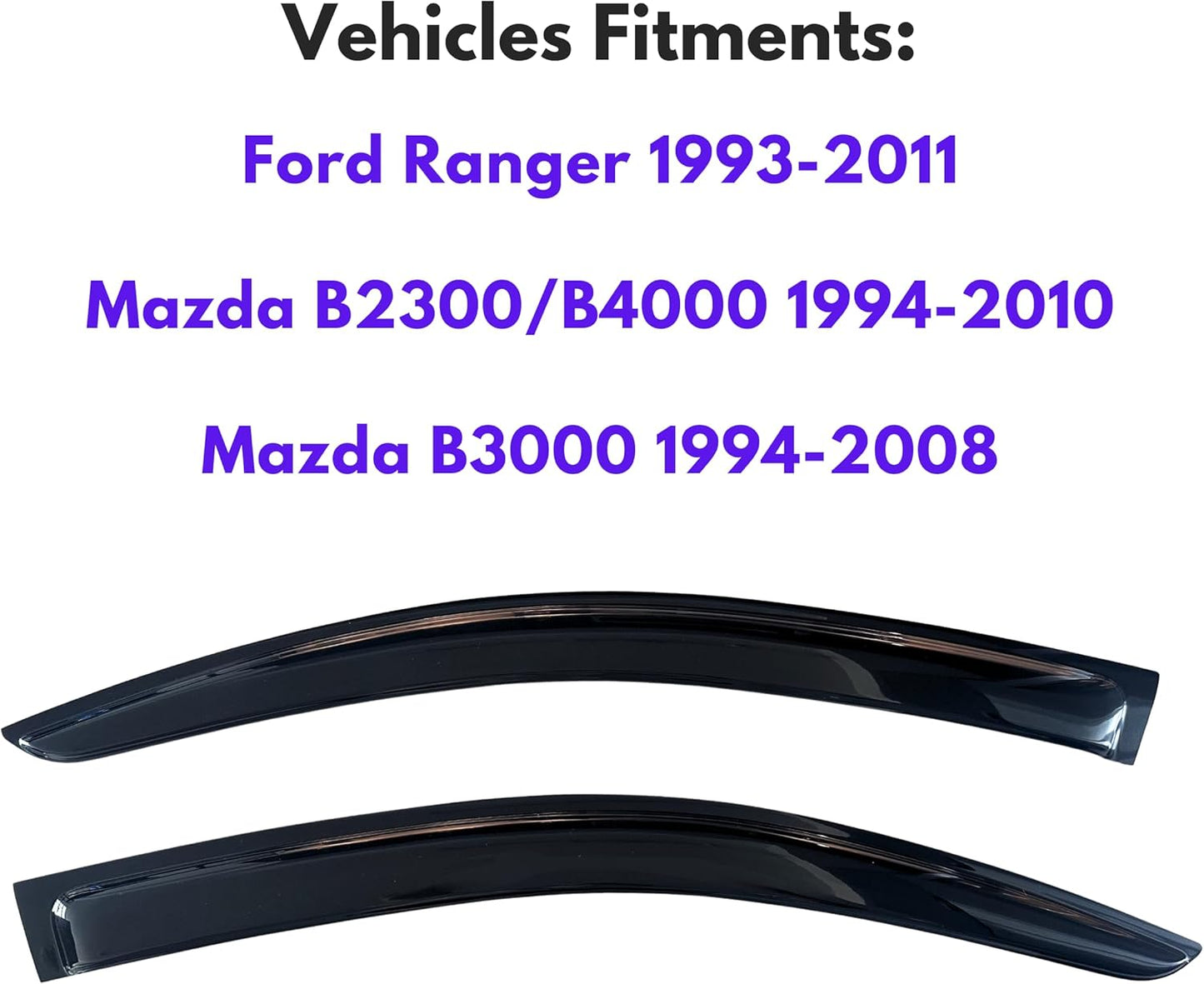 KPY Window Visor Compatible with Ford Ranger 1993-2011 & Mazda B2300/B4000 1994-2010 & Mazda B3000 1994-2008, Rain Guard Side Window Vent Deflectors Tape-On Style, 2002 2003 2004 2005 2006 2007 2009