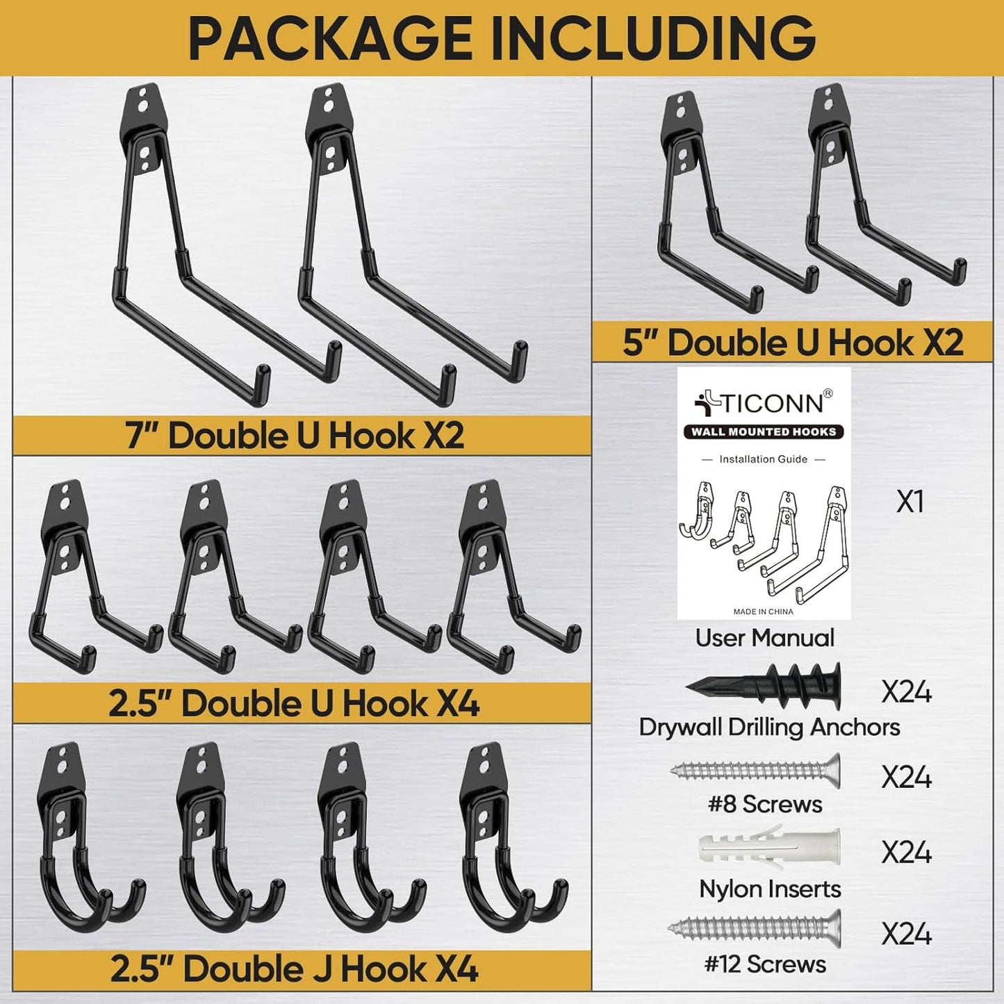 TICONN 12 Pack Heavy Duty Garage Hooks, Steel Utility Wall Storage Hooks, Wall Mount Hanger Organizer for Ladders, Bikes, Tools, Bulky Items (Set, Yellow)