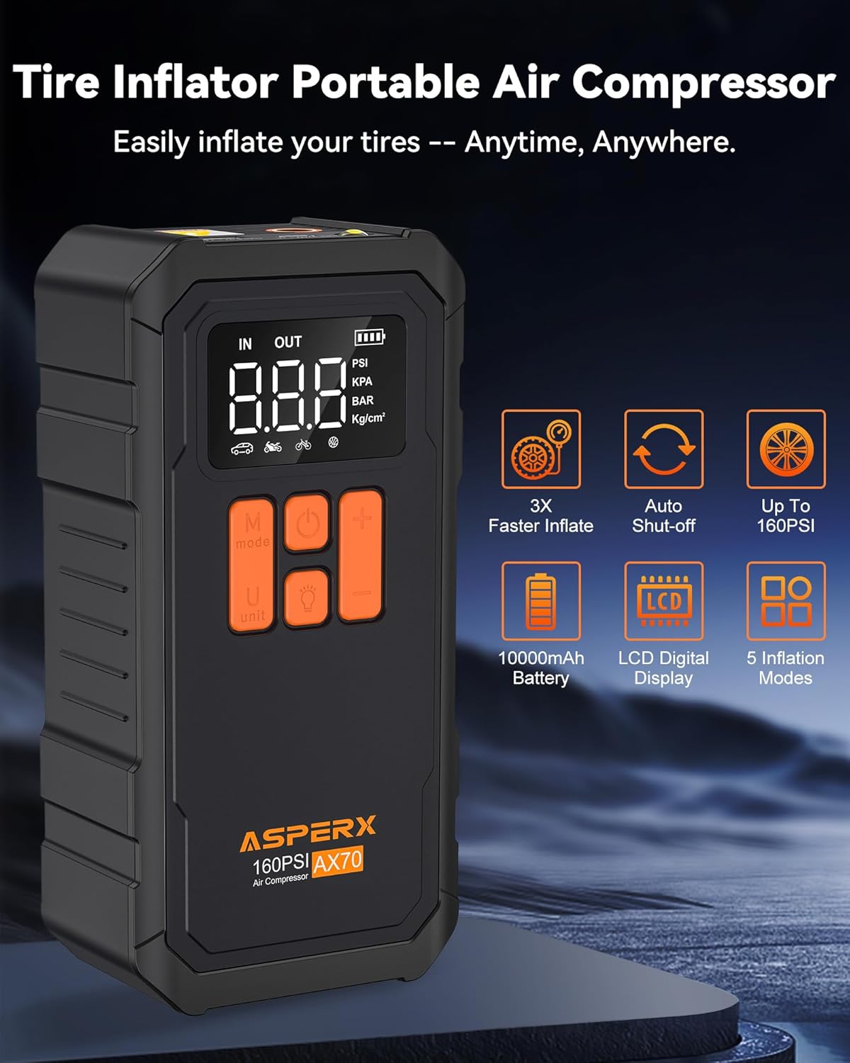 Tire Inflator Portable Air Compressor- 160PSI & 10000mAh Portable Air Pump with Carrying Case, LCD Display & LED Light, 3X Fast Inflation for Car, Bike, Motorcycle, Balls and more(Black)