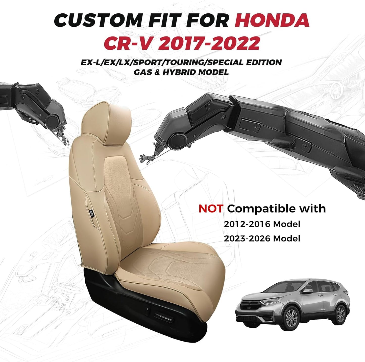 FREESOO CRV Seat Covers Full Set, for Honda CRV LX EX EX-L Sport Touring Hybrid 2017 2018 2019 2020 2021 2022, Custom Fit Seat Covers, Waterproof Leather Car Seat Covers, Beige