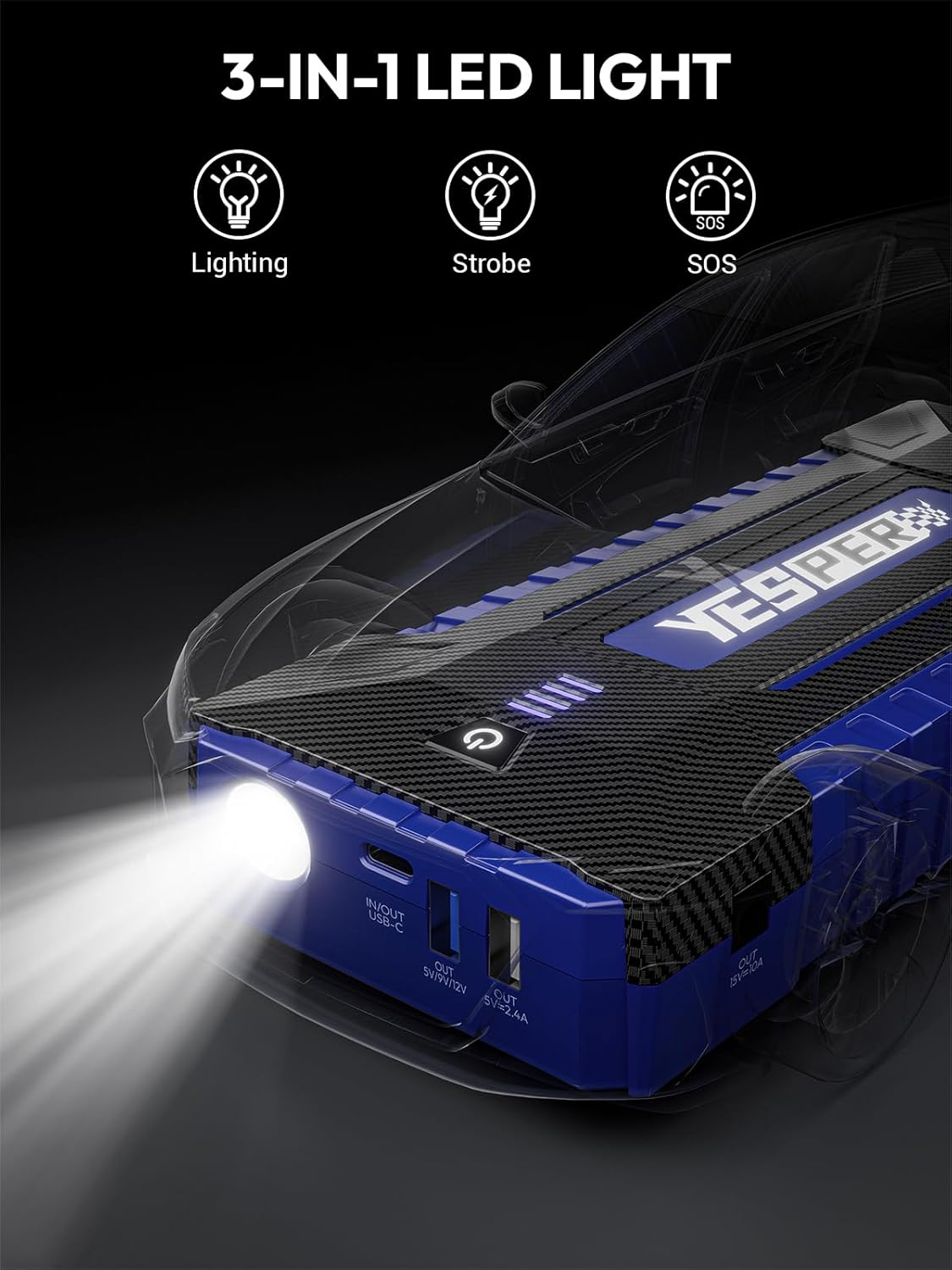 YESPER 2160A Car Jump Starter Portable，Battery Jumper Booster Pack, Boost Jump Box for Most 12V Vehicle (Up to 9.0L Gas/7.0L Diesel Engine), DSLI Safe Tech, PD 15W Fast Charge & DC 15V Port