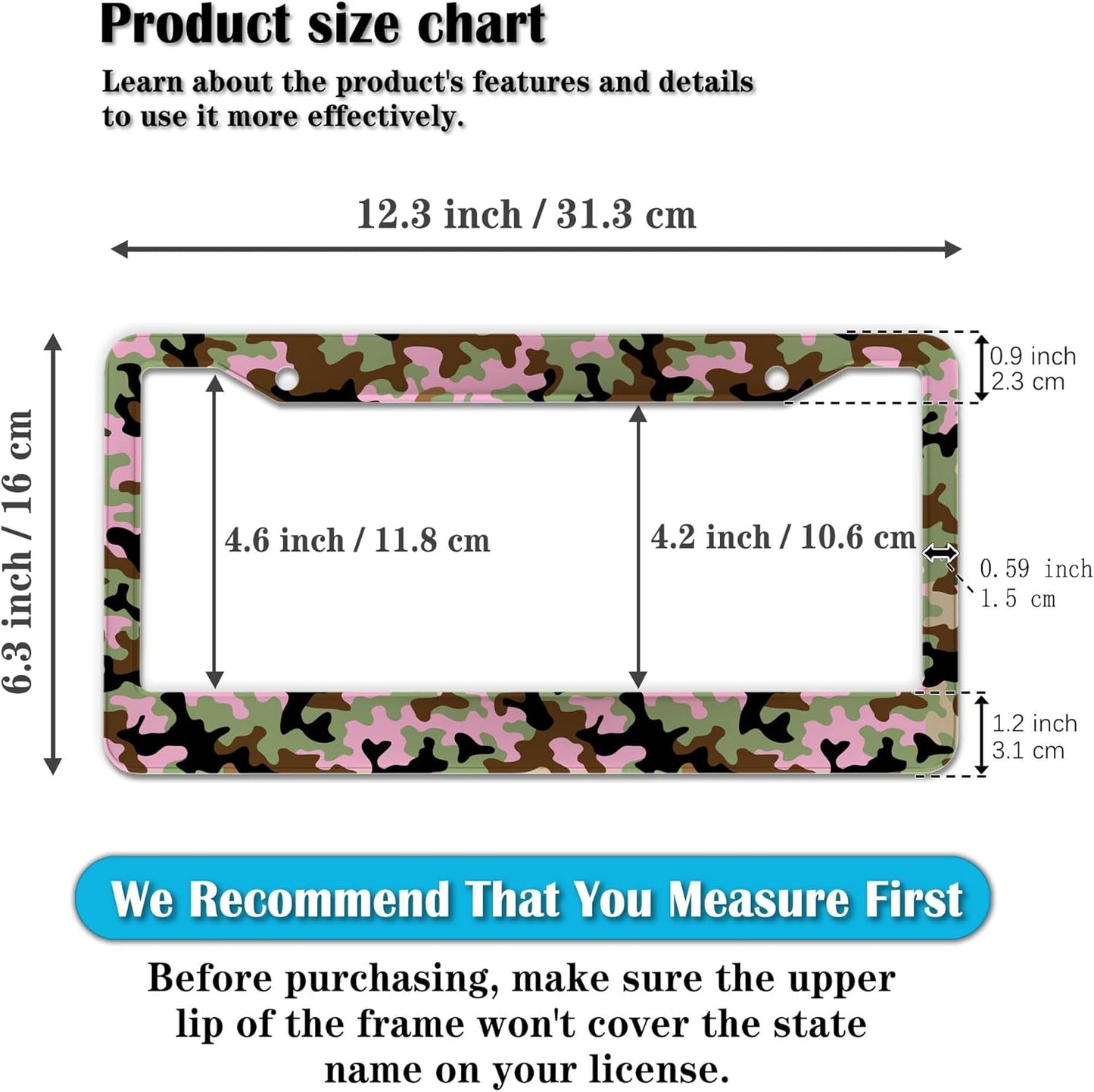 License Plate Protector Multicolor License Plate Frames Pink Camouflage Camo Aluminum Metal Car Accessory 2 Pack with Screw Covers Set