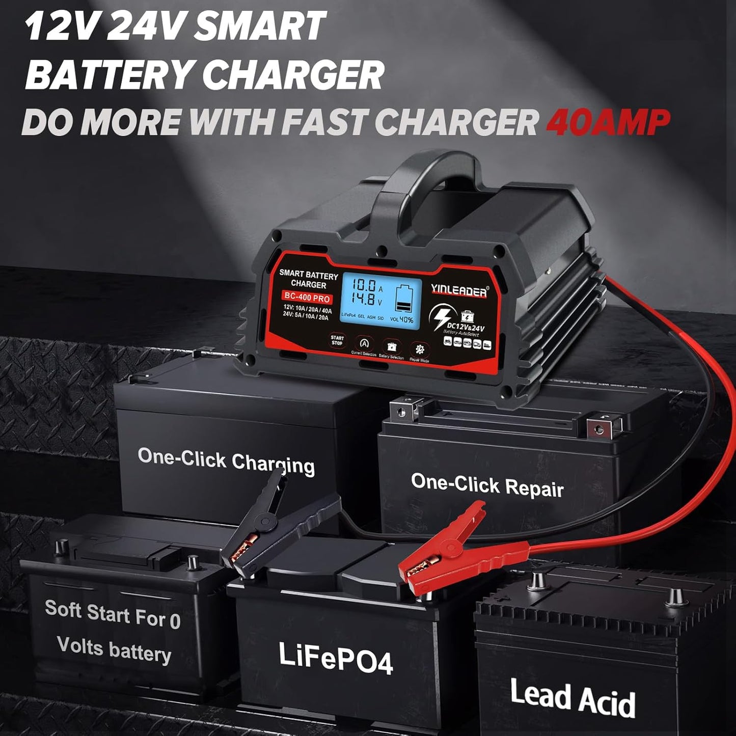 Battery Charger 40A, 12V/24V Lead Acid Smart Battery Charger, 12V LiFePO4 Car Battery Trickle Charger, Automatic Battery Maintainer for Car Motorcycle Lawn Mower Marine Boat Lead Acid Batteries