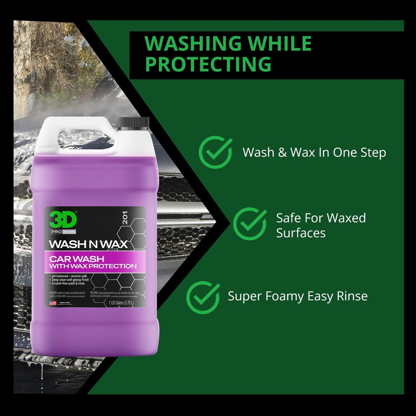 3D Wash N Wax Car Wash Soap - pH Balanced, Easy Rinse, Scratch Free Soap with Wax Protection - 1 Gallon