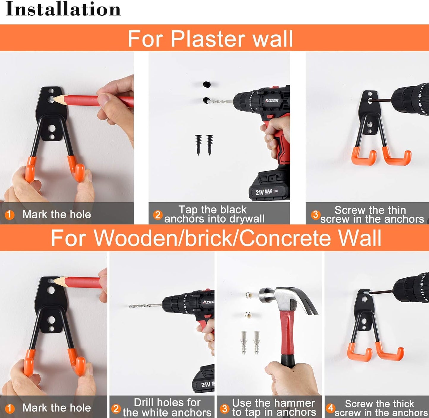 Aoben Heavy Duty Steel Garage Storage Hooks - Utility Tool Hangers and Combinable Wall Mount Hooks for Organizing Ladder, Hold Chairs, Heavy Tools (Large U, 10 Pack)