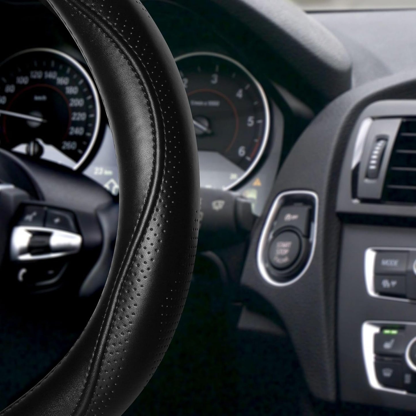 HAOKAY Top Grade Black Genuine Leather Steering Wheel Cover Men Women, Luxury Steering Wheel Cover for Cars, SUVS and Trucks，Universal 14.5-15 inch