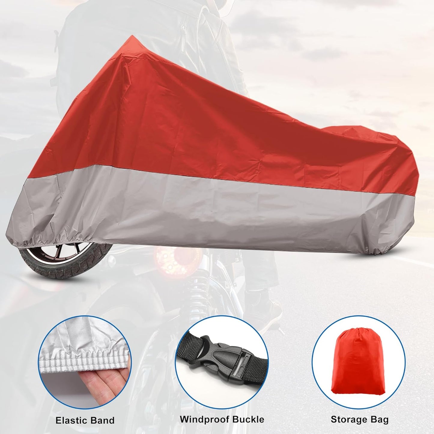X AUTOHAUX Motorcycle Cover for Harley Davidson for Honda for Suzuki All Season Waterproof Sun Outdoor Protection Motorbike Cover Fits Up to 96.46'' Motorcycles Cover XL Red Silver Tone
