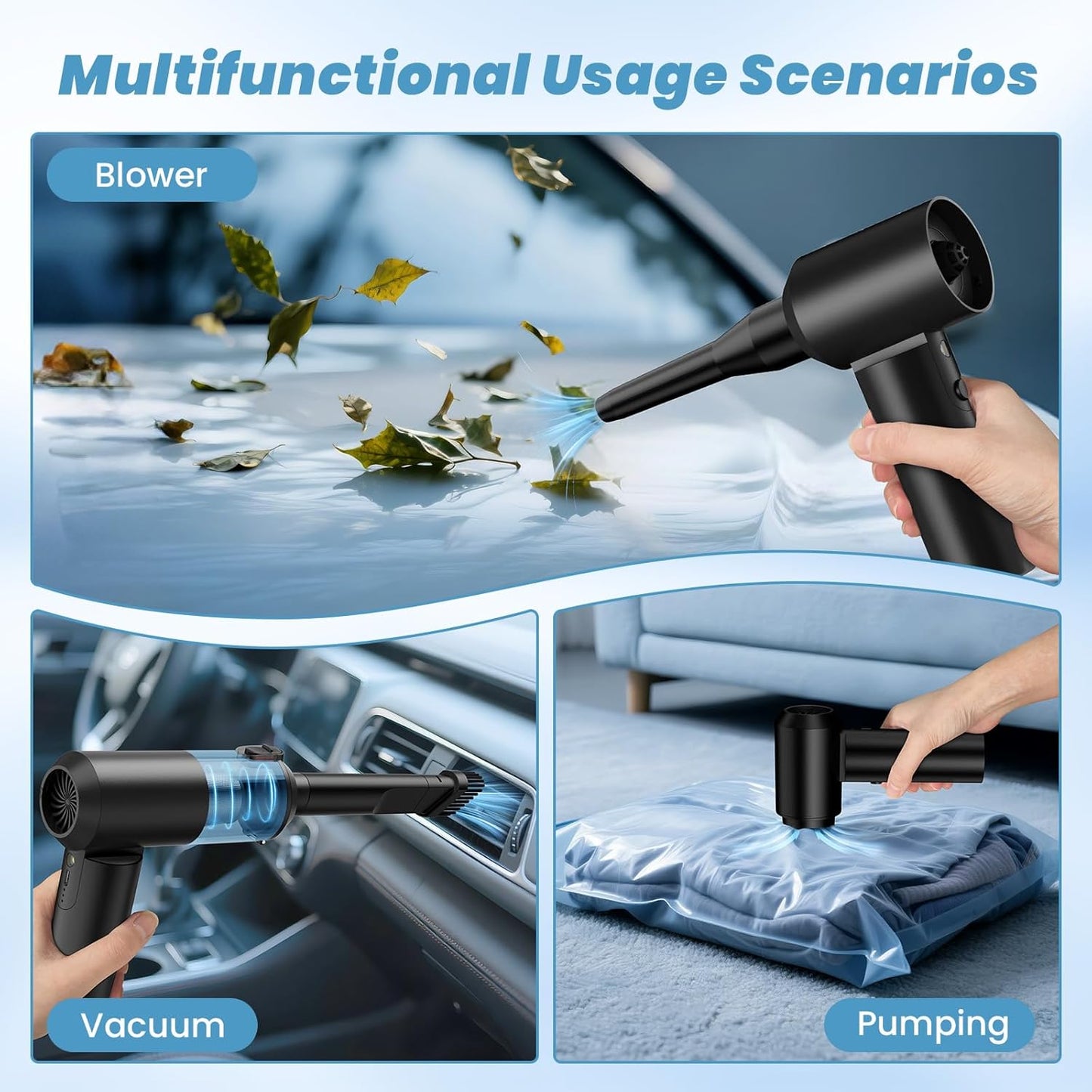 Vac V2 Portable Air Blower/Car Vacuum 90°Foldable 3in1 Handheld Vacuums Cleaner Brushless Motor High Power 16000PA Compressed Air Dusters Cordless Vacuum Cleaners for Car Home