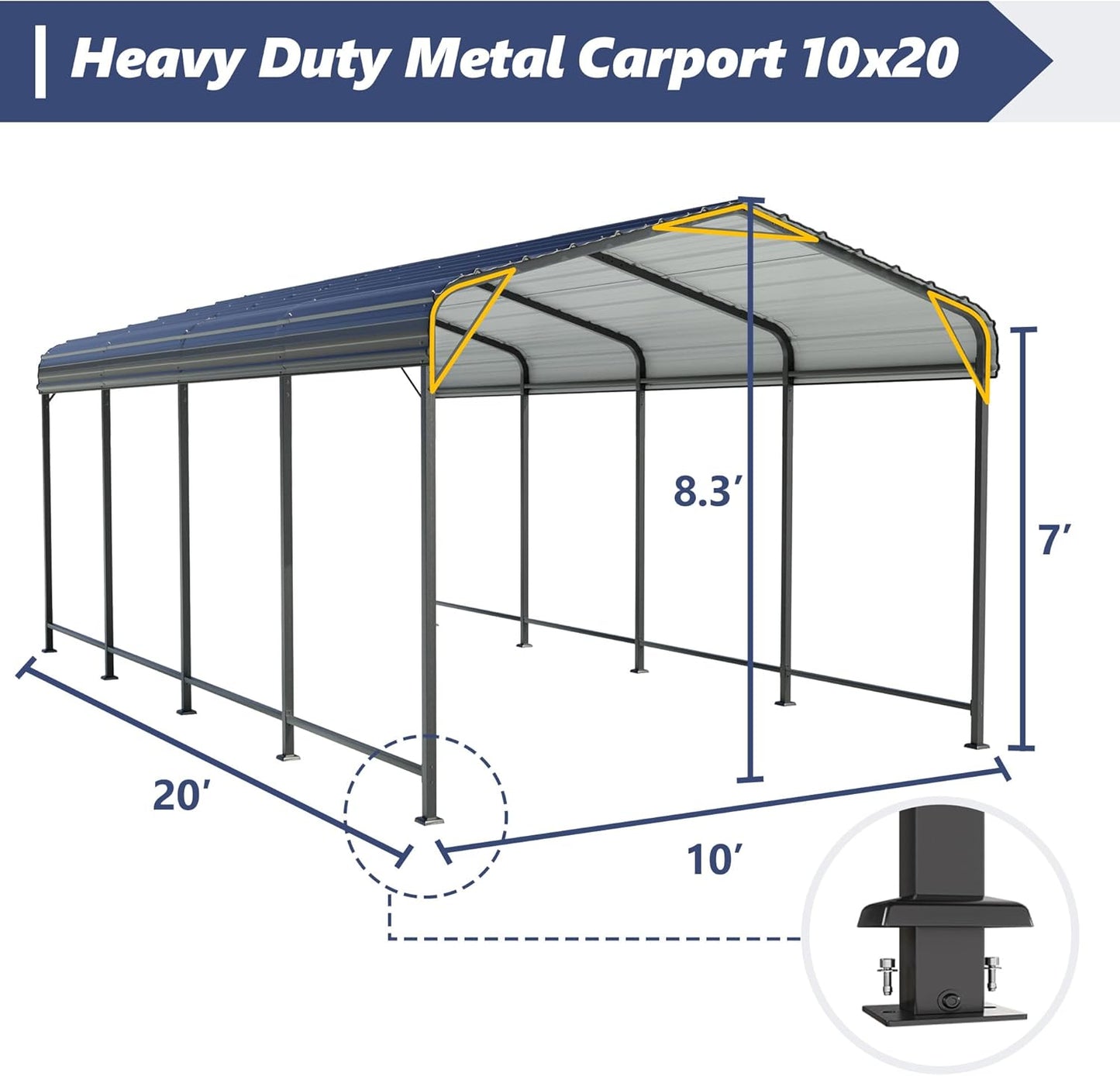 SUNBURY 10x20 FT Carport, Heavy Duty Car Port Canopy with Galvanized Steel Roof, Outdoor Garage Car Shelter Shade with Heavier Metal Frame, for Car, Boat, Pickup and Tractors, Grey