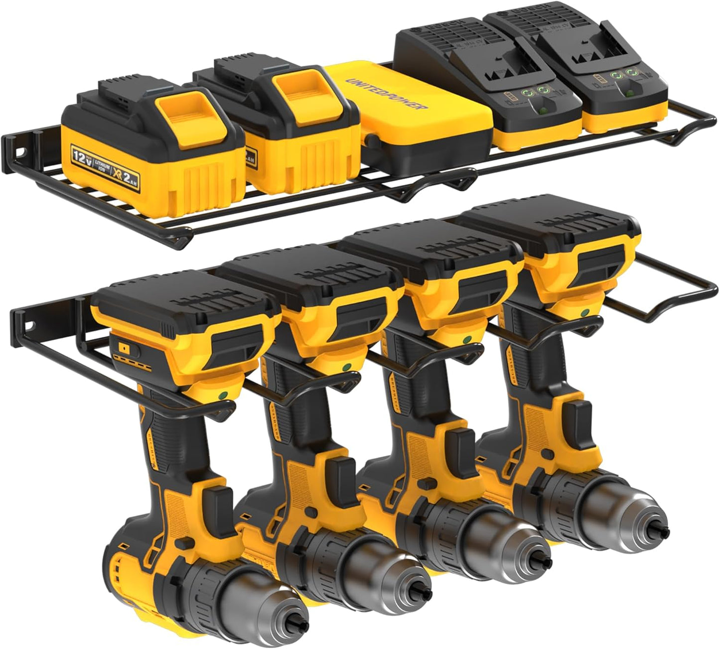 UNITEDPOWER Wall Mounted Drill Rack & Tool Shelf, Power Tool Organizer Holder, Heavy Duty Utility Storage Rack for Cordless, Battery Powered Hand Tools, Workshop, Shed, Garage