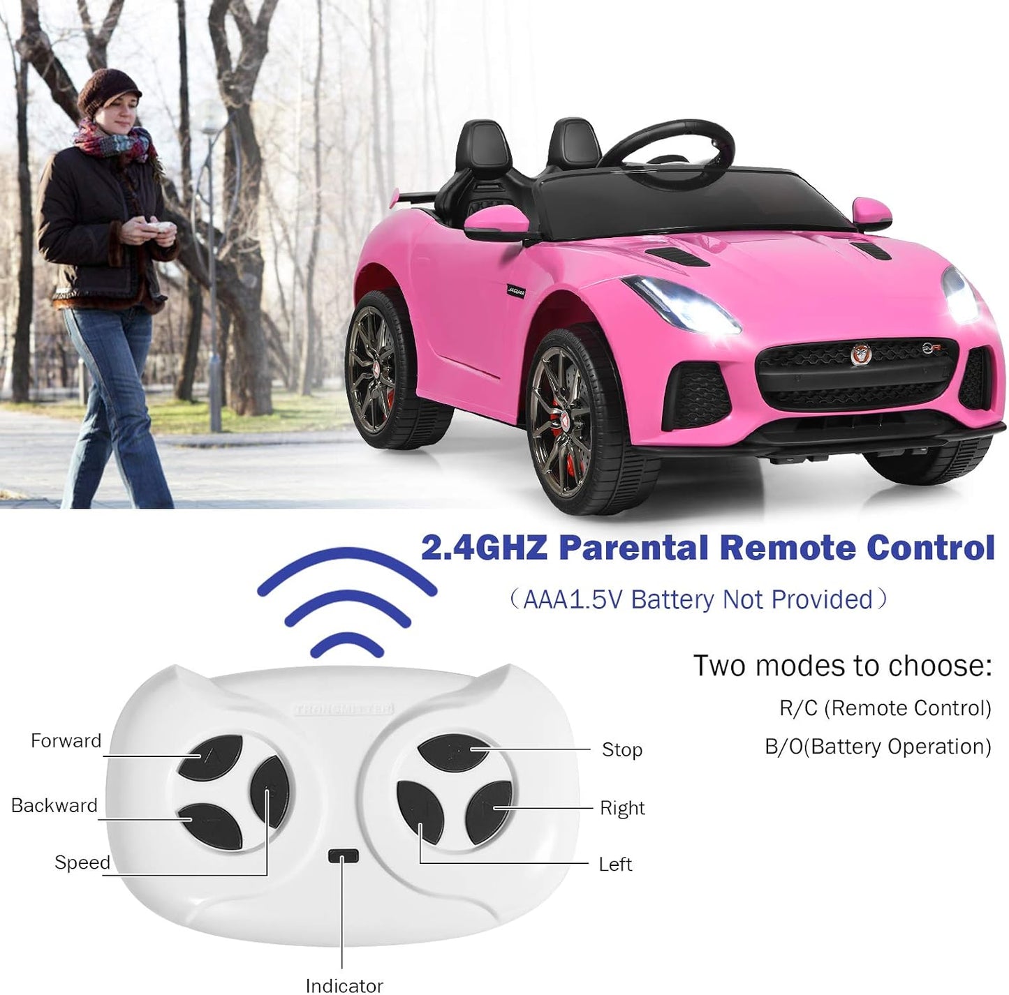 Costzon Ride on Car, 12V Licensed Jaguar F-Type SVR Battery Powered Kids' Electric Vehicles w/Remote Control, Front/Rear Lights, MP3/Music/3 Speeds/Spring Suspension, Kids Car Toy for Toddler (Pink)