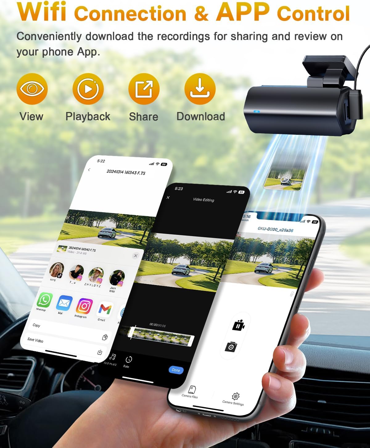 GKU 4K Dash Cam,Dash Cam Front with UHD 2160P, DashCam Built-in WiFi, 24H Parking Monitor,Night Vision,WDR,170° Wide Angle,Loop Recording,G-Sensor,DashCam Includes 64GB Card (Black)