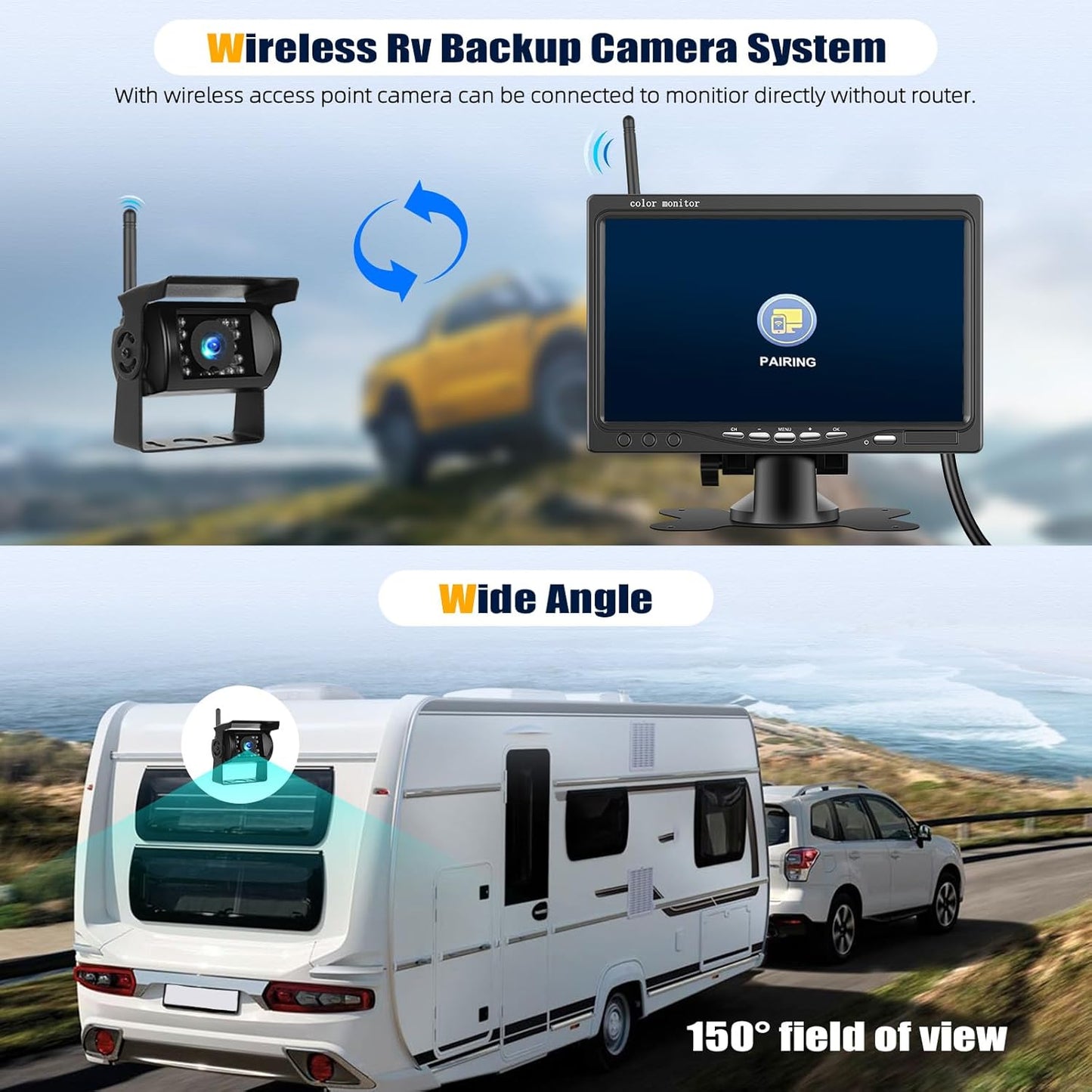1080P Wireless RV Backup Camera System,7 Inch Reverse Camera Monitor for 4 Channels with IP69 Waterproof Night Vision Backup Camera Front Rear View Camera for Truck/RV/Van/SUV/Pickup