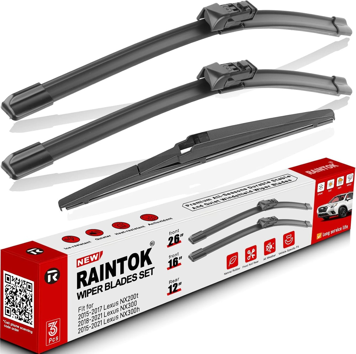 Windshield Wiper Blades Replacement for Lexus NX200t 2015-2017, NX300 2018-2021, NX300h 2015-2021 Front Rear Wipers Blade Set for My Car - 26" 16" 12" (Pack of 3)