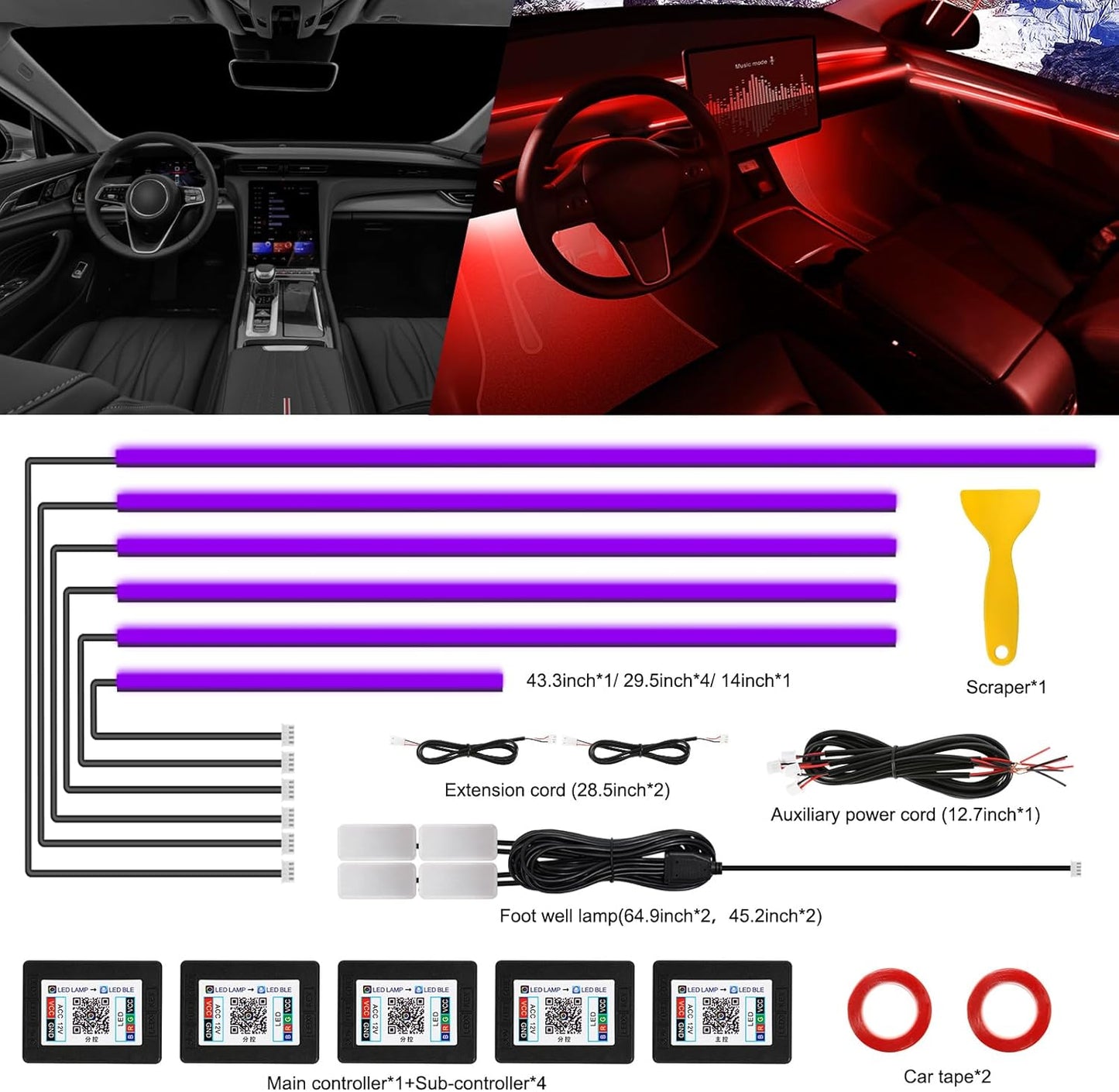 Acrylic Interior Car LED Strip Light with Wireless APP, 10 in 1 with 175 inches 593 LEDs Neon LED Strip Light, RGB Colors Dynamic Music Sync Car Ambient Lighting Kits