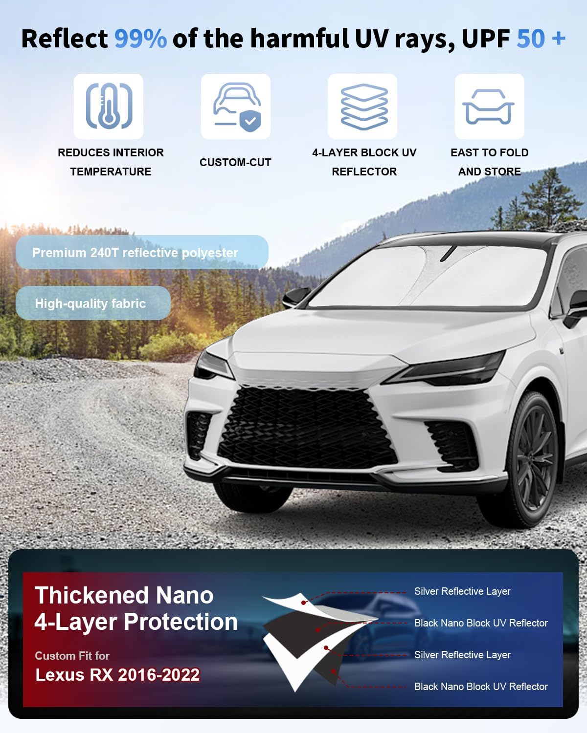 Sun Shade for RX350 Windshield Sunshade Front Window Shield Custom Fit for Lexus RX 2016-2022 Accessories Sun Visor for for Lexus RX 2016-2022 Protector Foldable Blocks UV Rays Heat