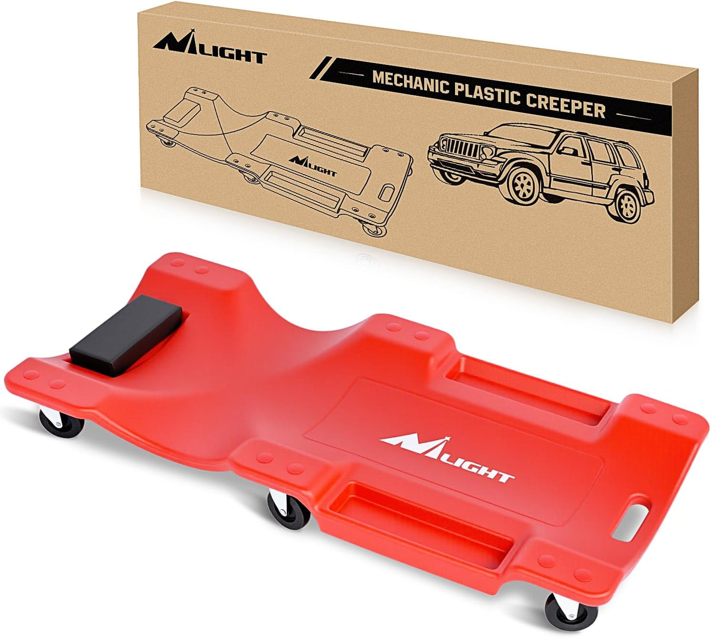 Nilight 40" Mechanic Plastic Creeper - 40 Inches Heavy Duty Shop Creeper with Padded Headrest and 6 Casters, 350 lbs Capacity, Red