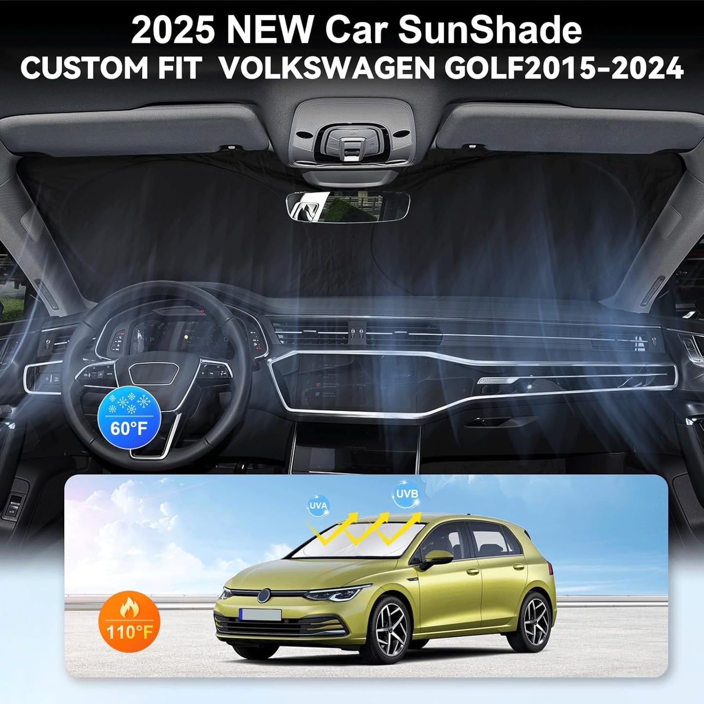 Sunshade for 2015-2023 2024 2025 Volkswagen Golf GTI e-Golf VW Golf R 4 Door Hatchback Accessories Front Window Shield Cover for Windshield Sun Visor