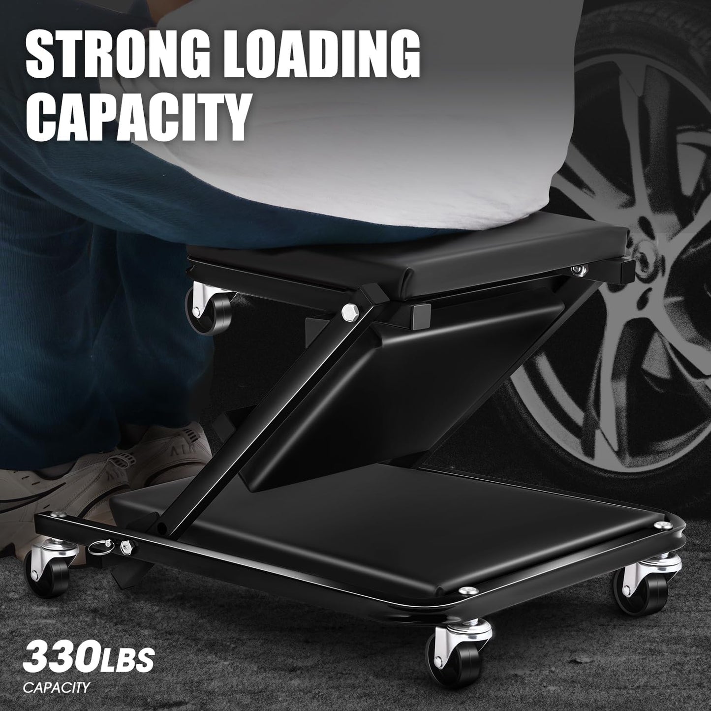 DNA MOTORING 36 Inches Folding 2 in 1 Rolling Z Creeper, Adjustable Roller Garage Chair Lay Down or Sit, 6 Pcs Casters, 330 LBS / 150kg Weight Capacity, Black, TOOLS-00493