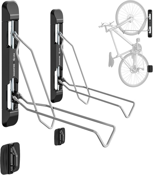 Bicycle Rack for Garage and Indoor Use, Adjustable, Foldable Bike Rack Set of 2 - Wall Mount for Road, Hybrid, Small Mountain, BMX Bikes - Secure and Space Saving Bike Storage (2 Pack)