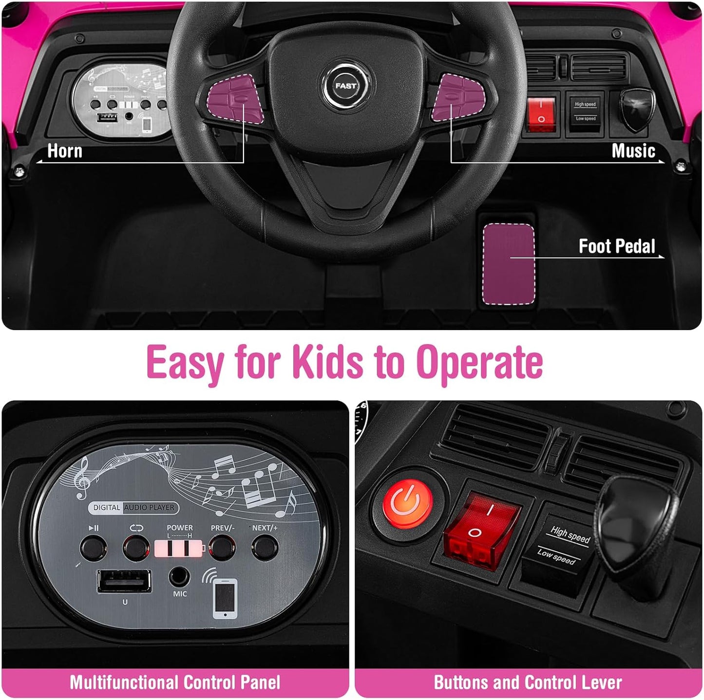 Costzon Kids UTV, 12V Battery Powered Electric Off-Road Car w/Remote Control, Sounds, Wireless Connection, 3 Speeds & 4-Wheel Suspension, Kids Ride on Truck, Gift for Boys & Girls 3+ Years Old (Pink)