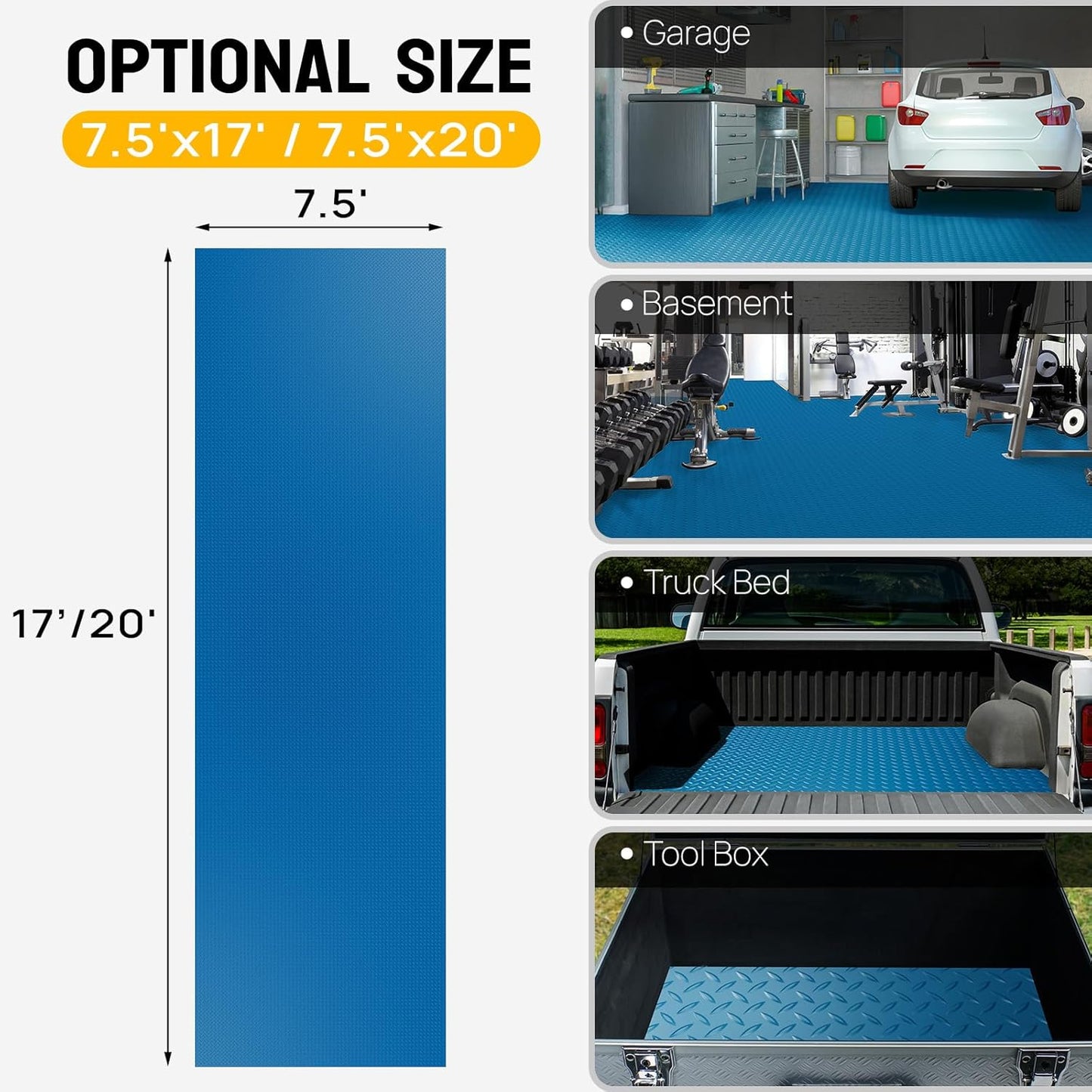 Bonnlo 7.5x17 FT Garage Floor Mat for Under Car,Thickened PVC Roll Floor mats，Waterproof Non Slip Parking Mat,Blue