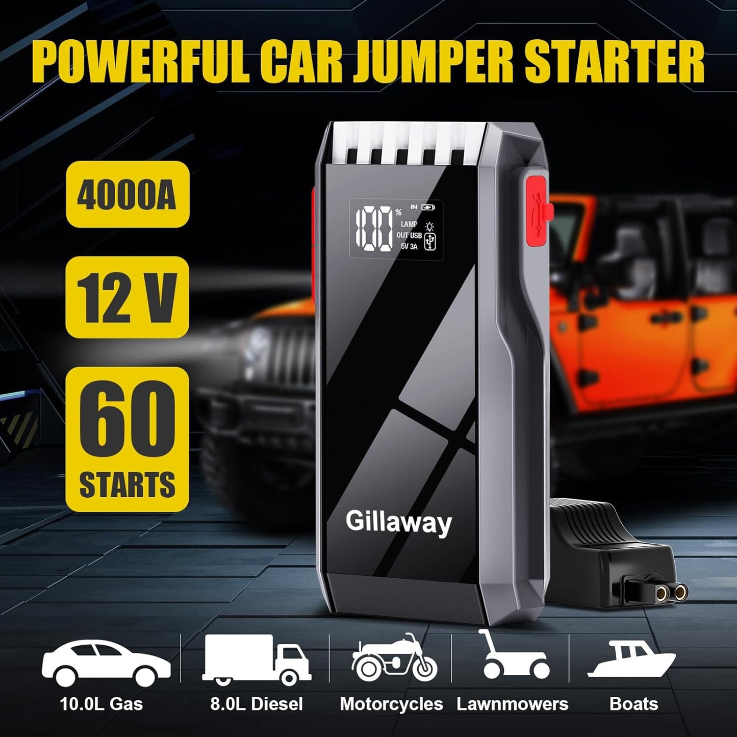 012 Jump Starter Battery Pack, 4000A Peak Car Battery Charger Jump Starter for Up to 10.0L Gas or 8.0L Diesel Engine,12V Car Jumper Starter Portable with Full LCD Screen & LED Light & USB