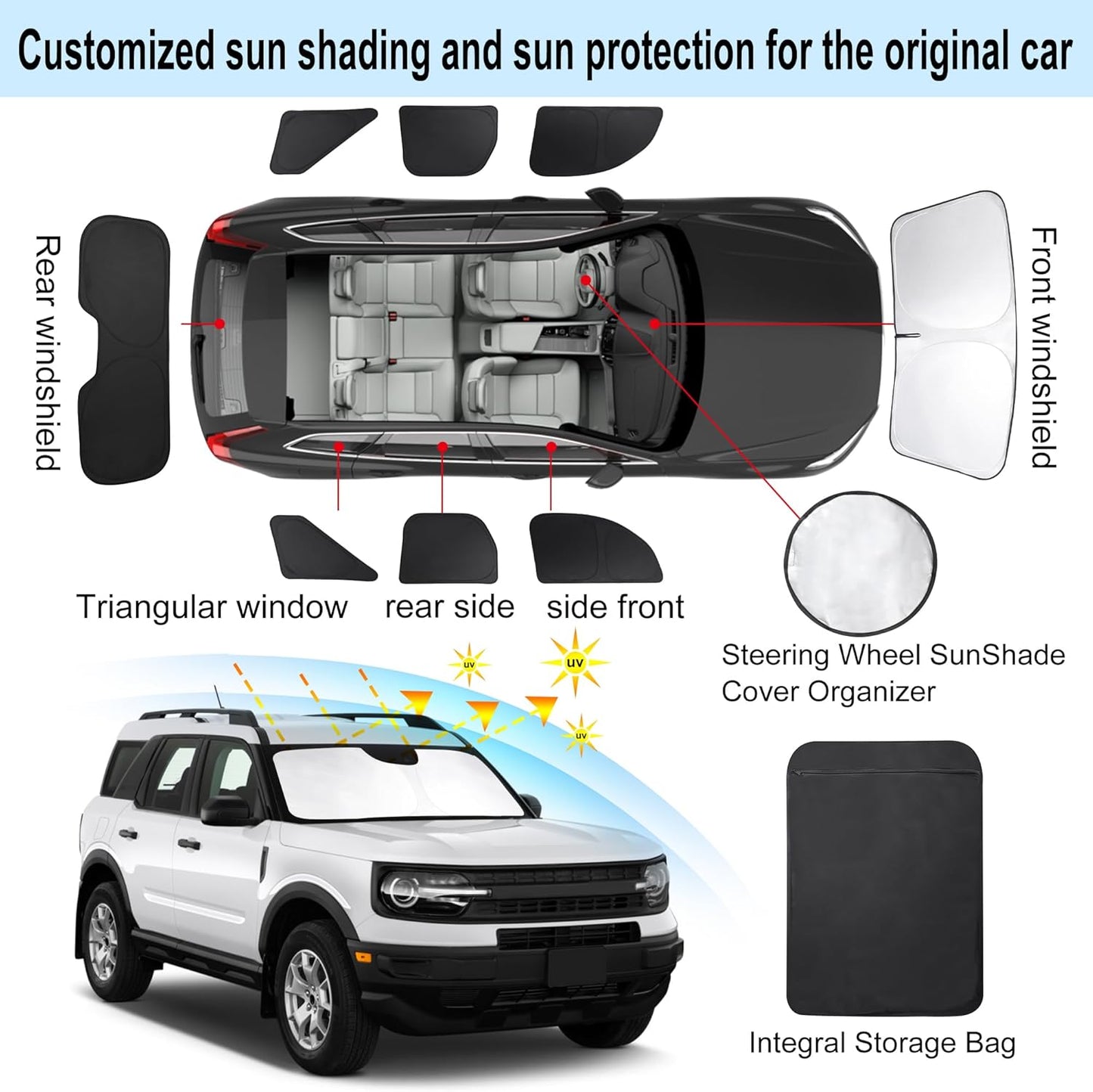 TINGLU Window Shades for Ford Bronco Sport 2021-2024 2025 Accessorie Car Side Full Windows Rear Triangular Windshield Sun Shade Sun UV Rays & Privacy Protection for Camping,Napping,and Relaxing 8PCS