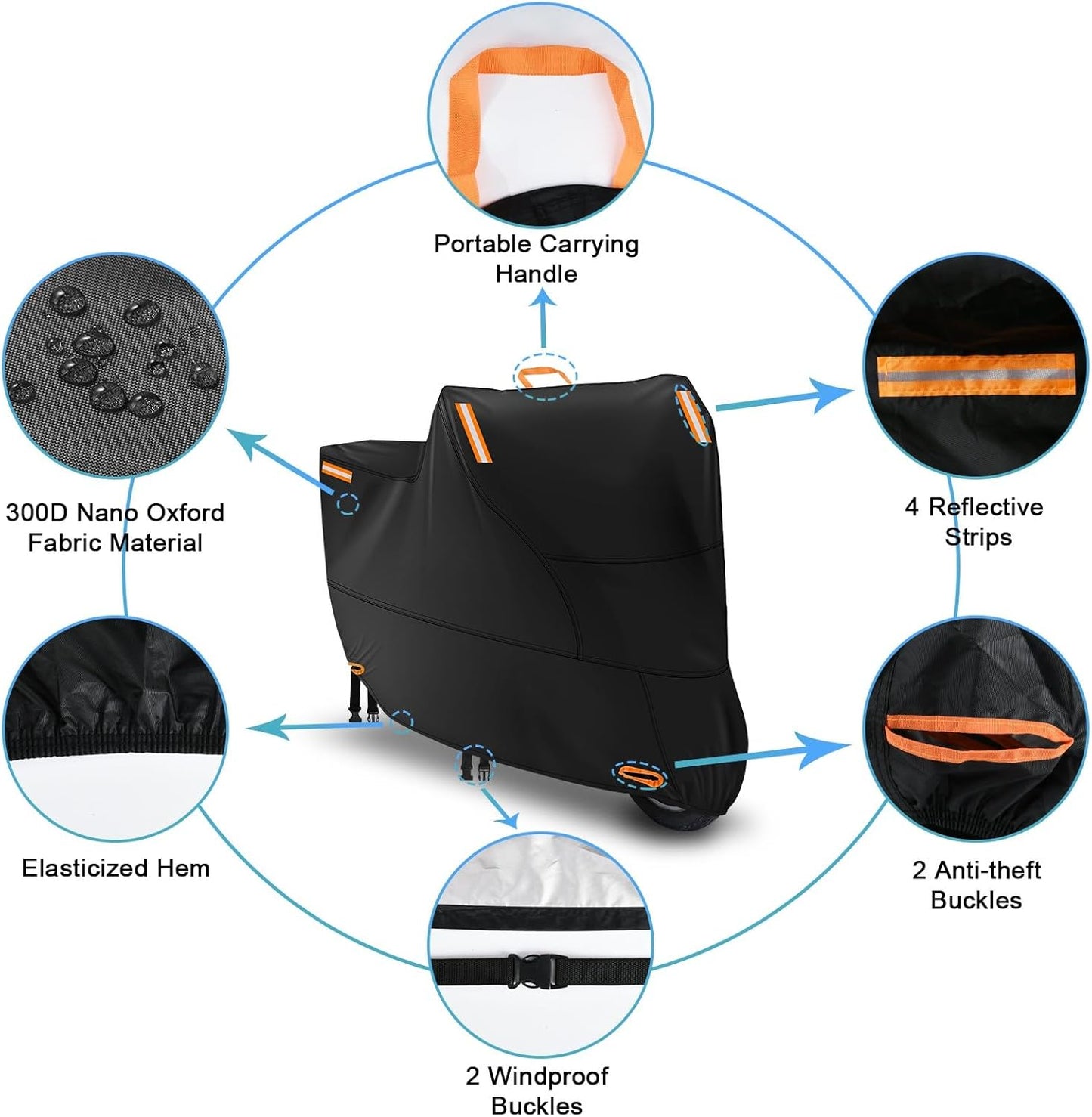 Motor Bike Cover Waterproof Outdoor, Motorbike Scooter Moped Cover Sun Rain Dust Protection with 4 Reflective Strips and 2 Fixed Buckles, 2 Lock-Holes for Most Motorcycles (L: 81 x 37 x 43 inch)