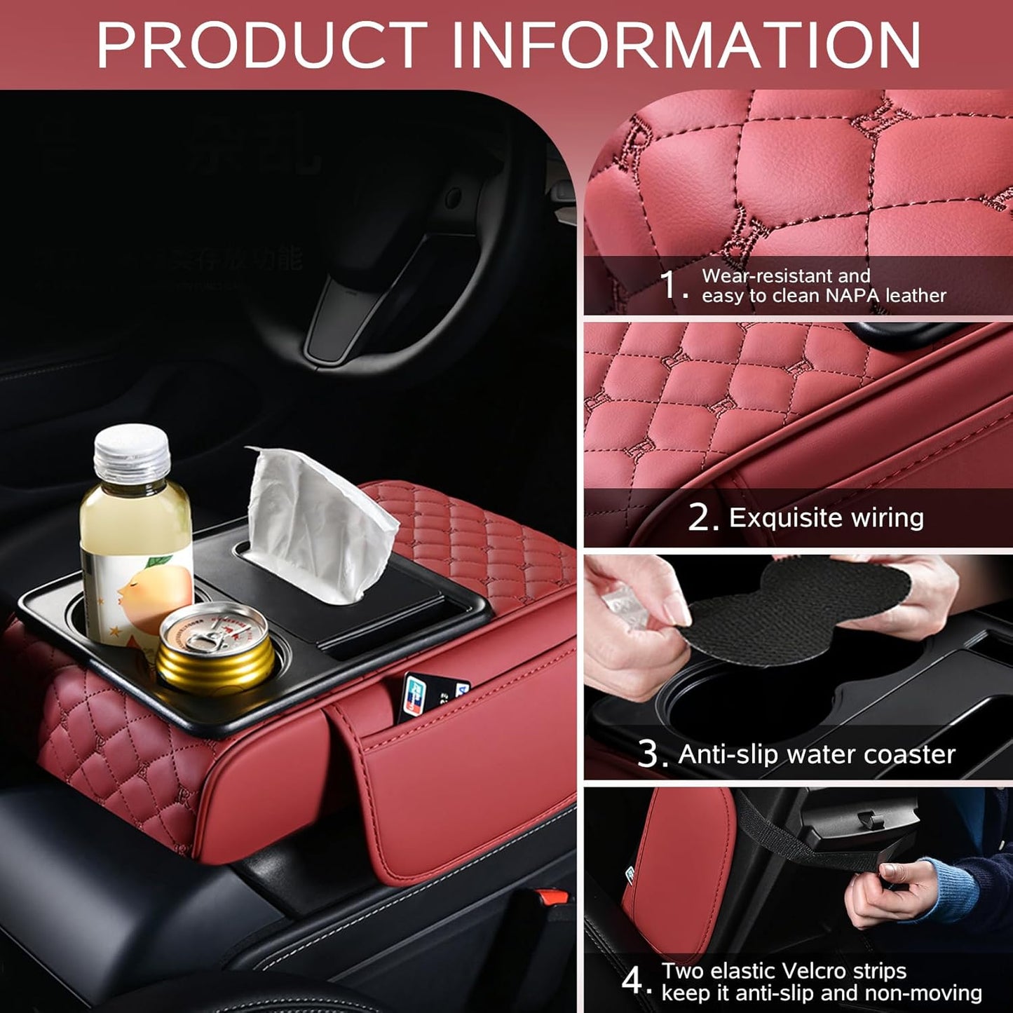 5 in 1 Car Armrest Storage Box for Center Console, Armrest Cushion Cover for Car with 2 Cup Holders Storage Bags, Tissue Box, Phone Slot, Premium Memory Foam with Nappa Leather, 14.2*7.9*2.8in (Black)