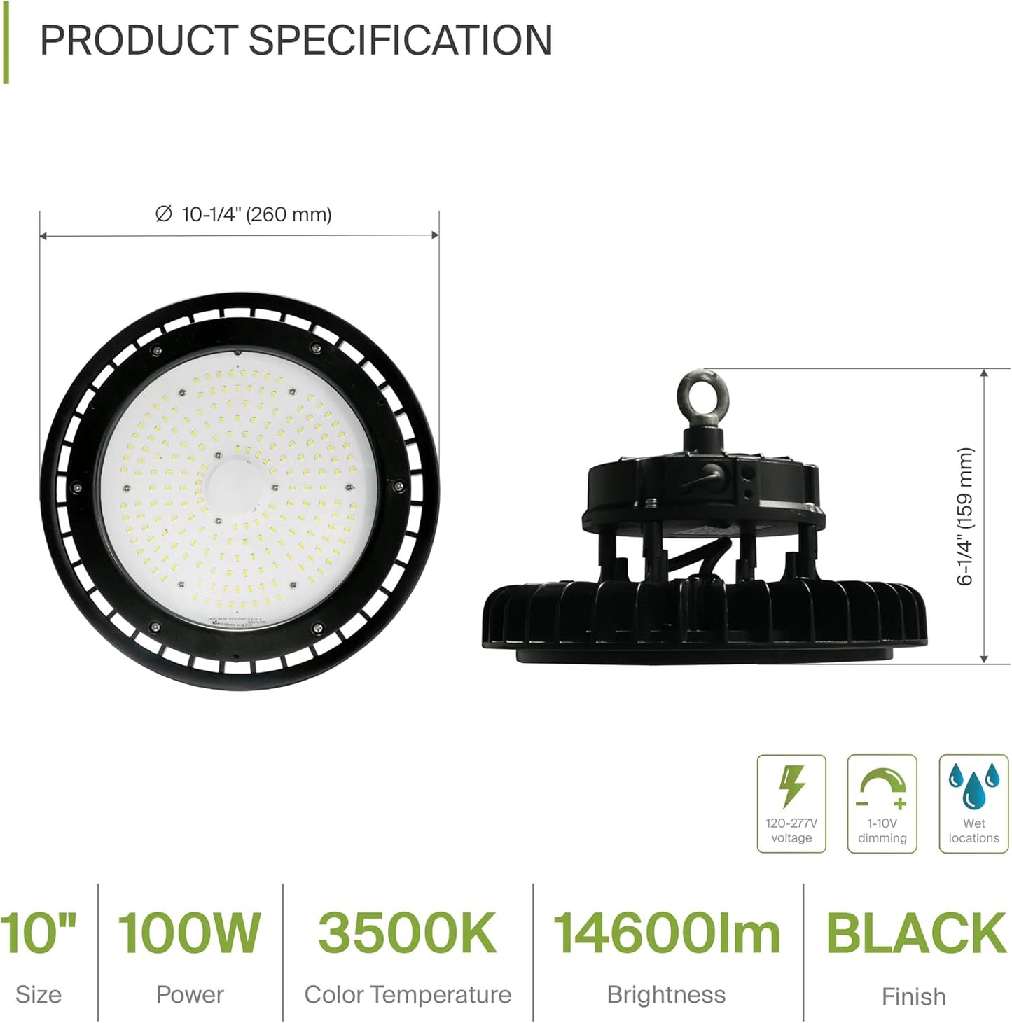 ASD LED High Bay UFO Light Fixture, Commercial Shop Lighting | Dimmable, IP69K Waterproof, DLC Premium, UL Listed | 100W 14600LM 3500K 100-277V | Warehouse, Garage, Workshop, Barn Lamp | Black