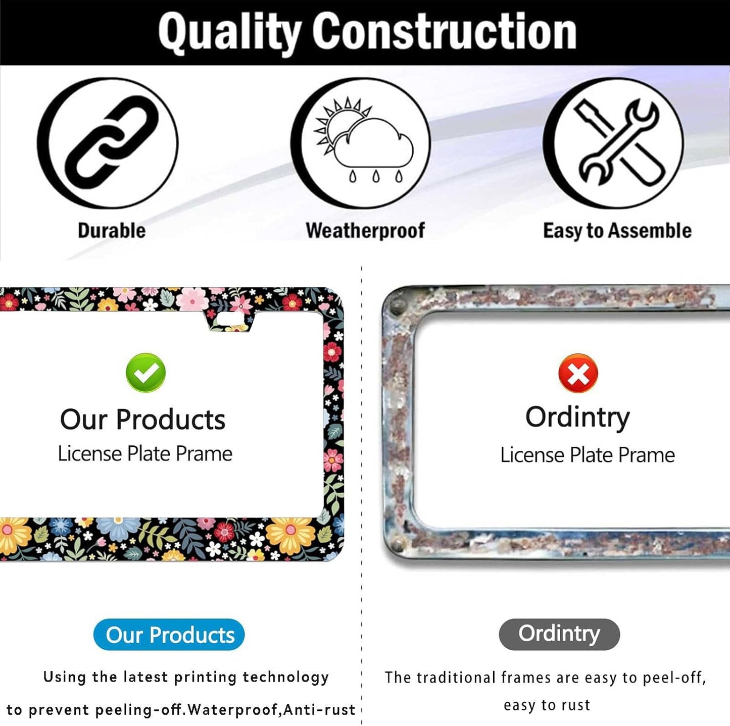 2 Pack Universal Retro Colorful Flowers License Plate Frame - Heavy Duty Rustproof Aluminum Matte Black Car Tag Holder Bracket Fits All Vehicles, Easy Install with Screws Included