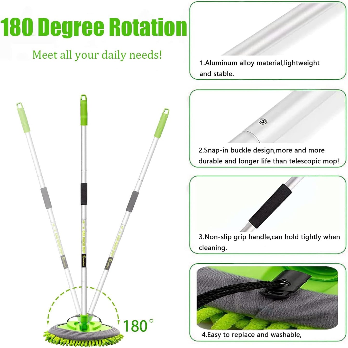 62" Car Wash Brush Mop Kit with Long Handle, 2 in 1 Chenille Microfiber Sponge Mitt Cleaning Detailing Duster for Washing Cars Truck SUV RV Caravans and Household(2 x Mop Head)