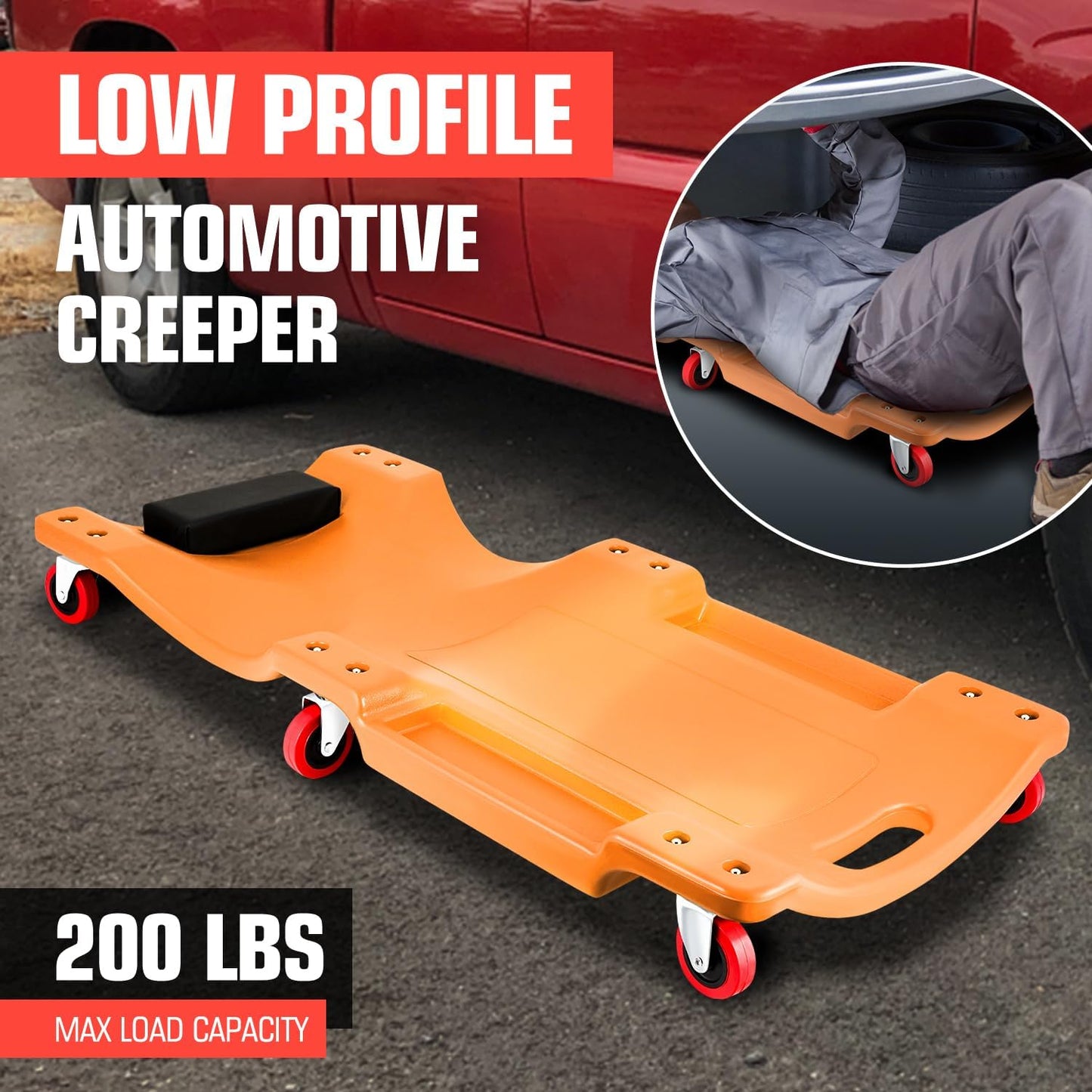 DNA MOTORING 36" L X 17" W x 4.25" H Vehicle Repair Low Profile Automotive Creeper w/Padded Headrest, Orange, TOOLS-00201-OG