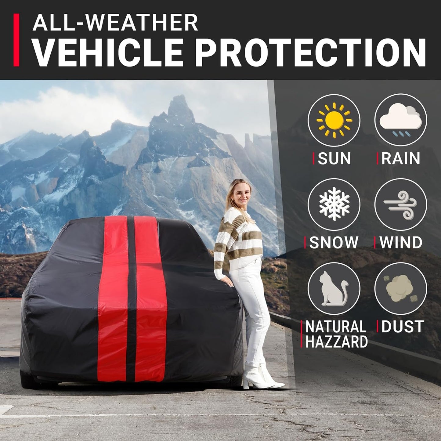 iCarCover Custom Car Cover for Chevy Caprice Wagon (1971-1976) Waterproof All Weather Rain Snow UV Sun Protector Full Exterior Indoor Outdoor Car Cover (Stripe - Black/Red)