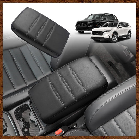 Muslogy Center Console Cover Compatible with 23 24 2025 2026 Honda CR-V Accessories CRV Hybrid LX EX EX-L Sport Touring Armrest Cover Lid Cushion Protector Vegan Leather Extra Soft(Black/White Trim)