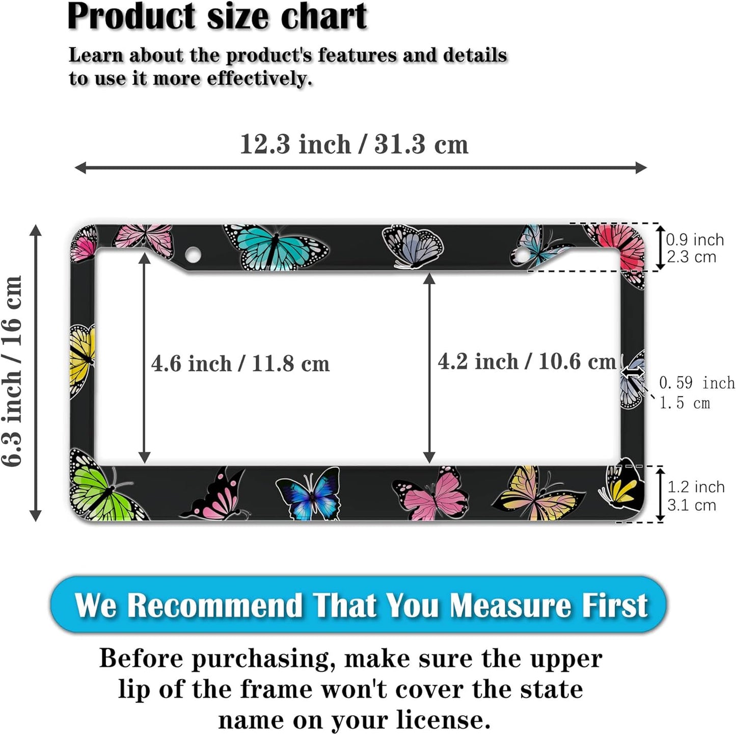 License Plate Frames for Women Multicolor License Plate Frame Holder for Men Butterfly Aluminum Metal Car Accessory 2 Pack with Screw Covers Set