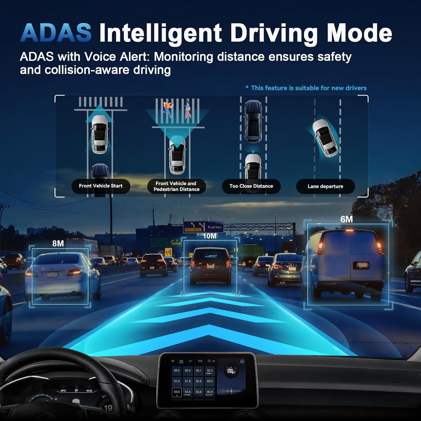 Dash Cam, 4K Dash Cam Front and Rear with ADAS, 170°/150° Wide View, Starlight Night Vision, GPS, WDR, G-Sensor, App Support, 24H Parking Mode, 64GB Card Included