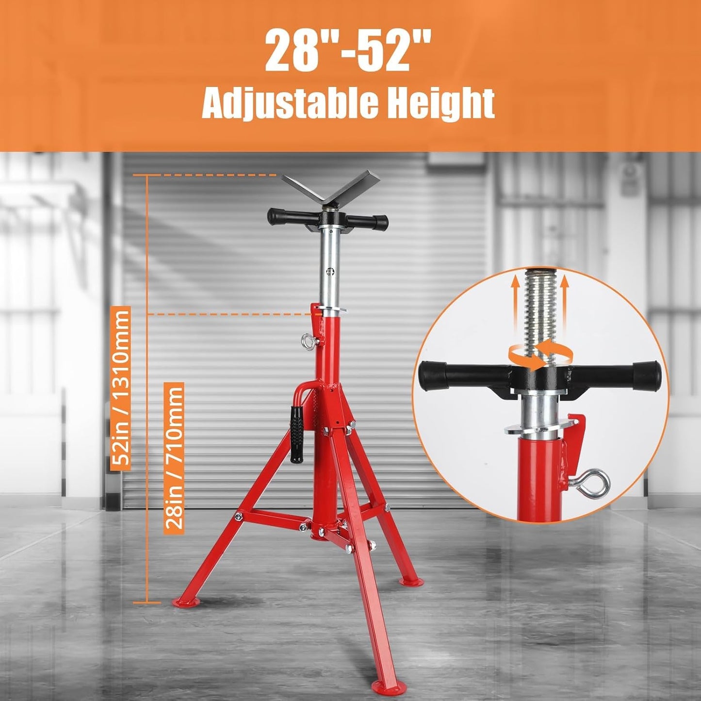 V-Head Pipe Jack Stand, 2500 Lbs Heavy-Duty Folding Pipe Stand with Adjustable Height 28"-52", Sturdy Steel V-Head Support for Welding, Automotive & Construction Projects, Red