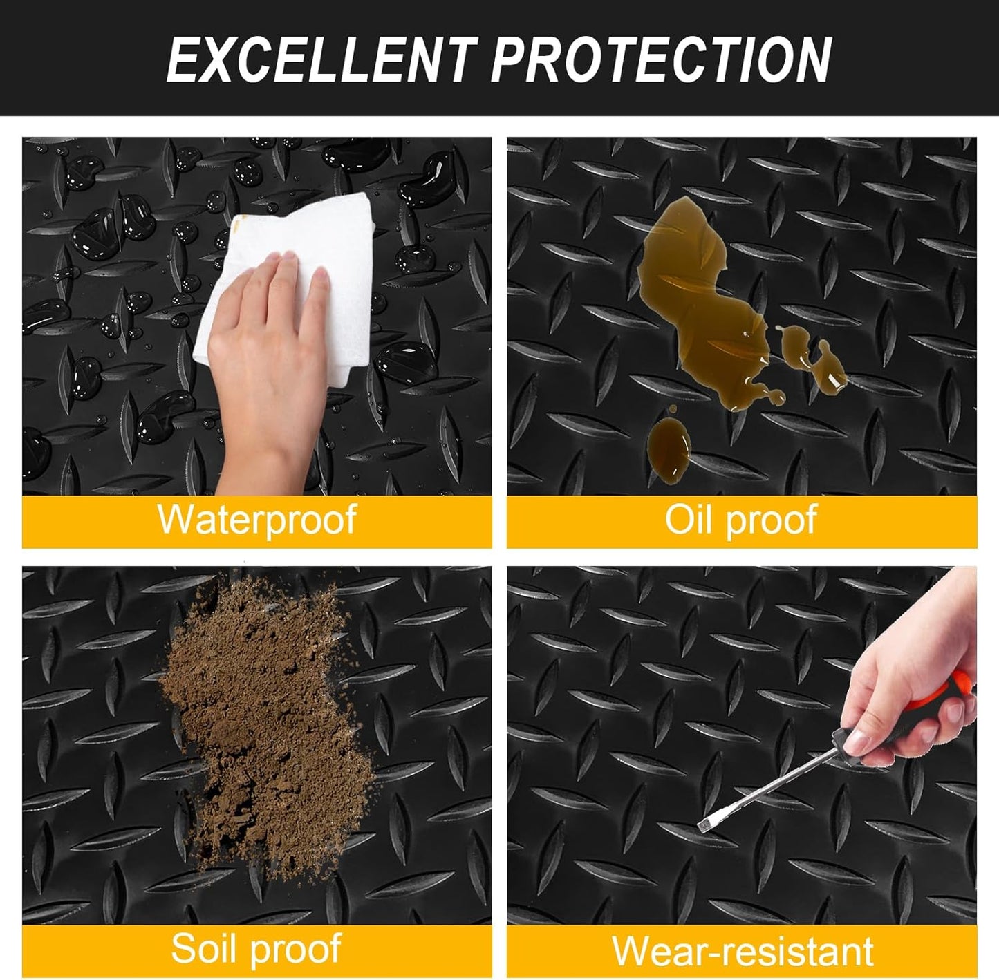 4x8FT Garage Floor Mat, 2.8mm Thickened Flooring Roll for Under Car, Golf Cart Parking Mat, Diamond Plate PVC Rubber Motorcycle Mat, Non-Slip Floor Protector for Garage Warehouse Trailer, Black