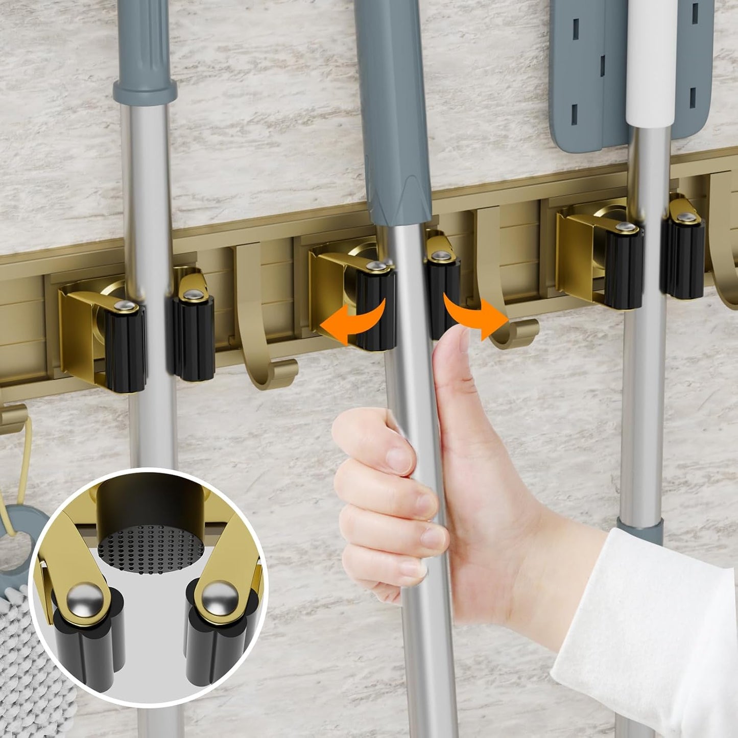 Broom Holder Wall Mount Mop and Broom Hanger Wall Mounted Garage Storage Rack Kitchen Garden Tool Organizer (5 Racks with 4 Hooks, Bronze)