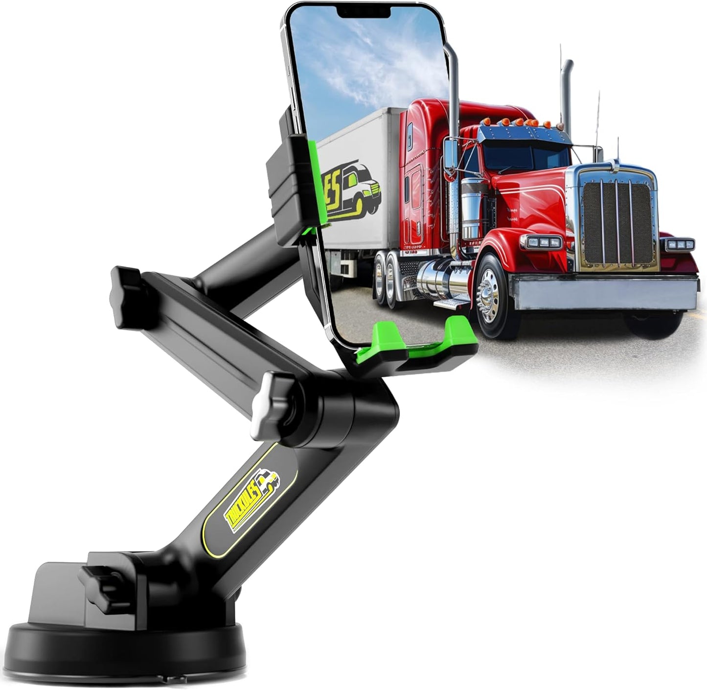 Phone Mount for Truck Phone Holder for Truck - Heavy Duty Super Suction Cup, Mobile Device Holder Dashboard Window 16.9 inch Long Arm & Stable, iPhone & Samsung Compatible, Big Rig Trucker, Green